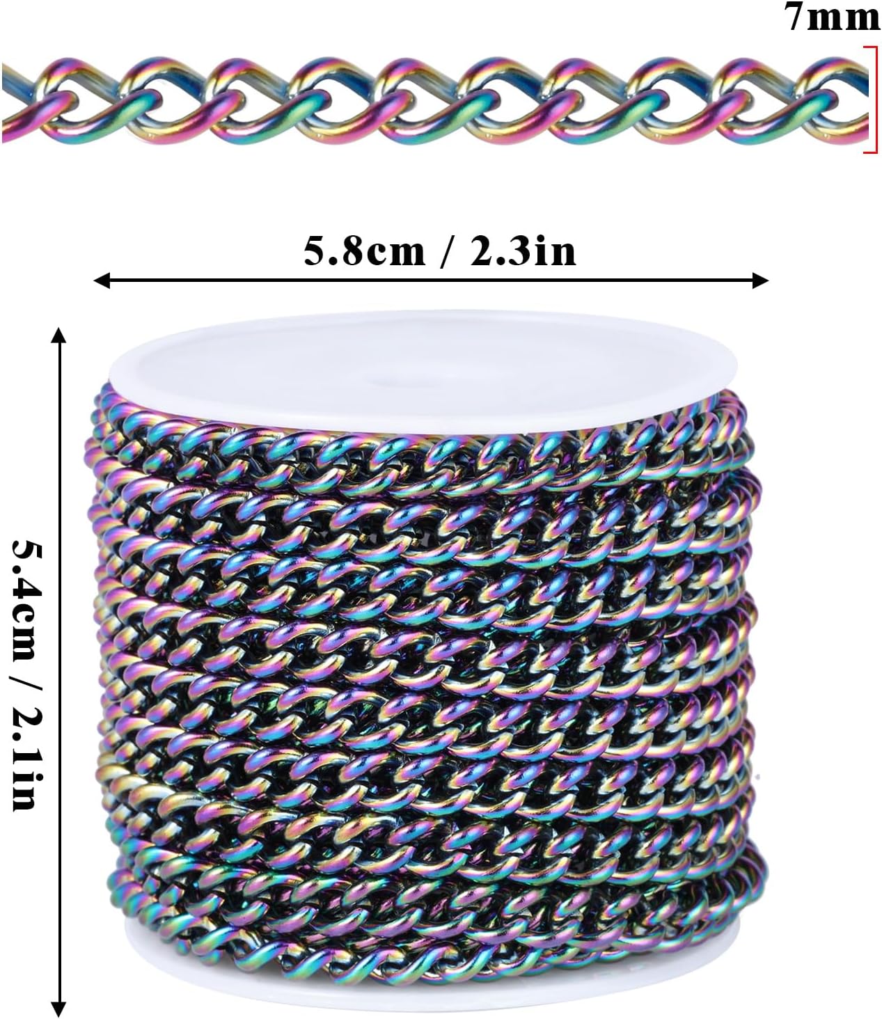 16.5FT Colorful Stainless Steel Curb Chains Roll, 7mm 304 Stainless Steel Multi Color Flat Twisted Links Curb Chains Bulk Spool for Jewelry Making DIY Craft