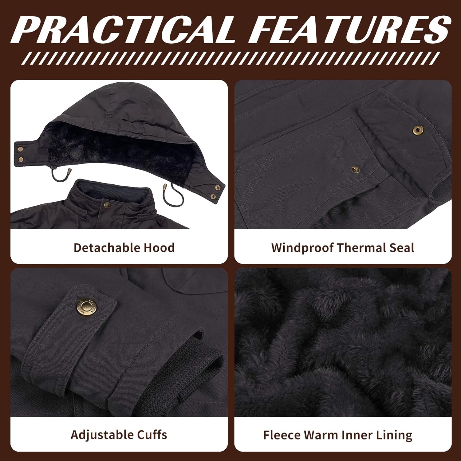 Mens Jacket Winter Casual Fleece Lined Cotton Thick Military Tactical Hooded Work Coats with Cargo Pockets - Image 5