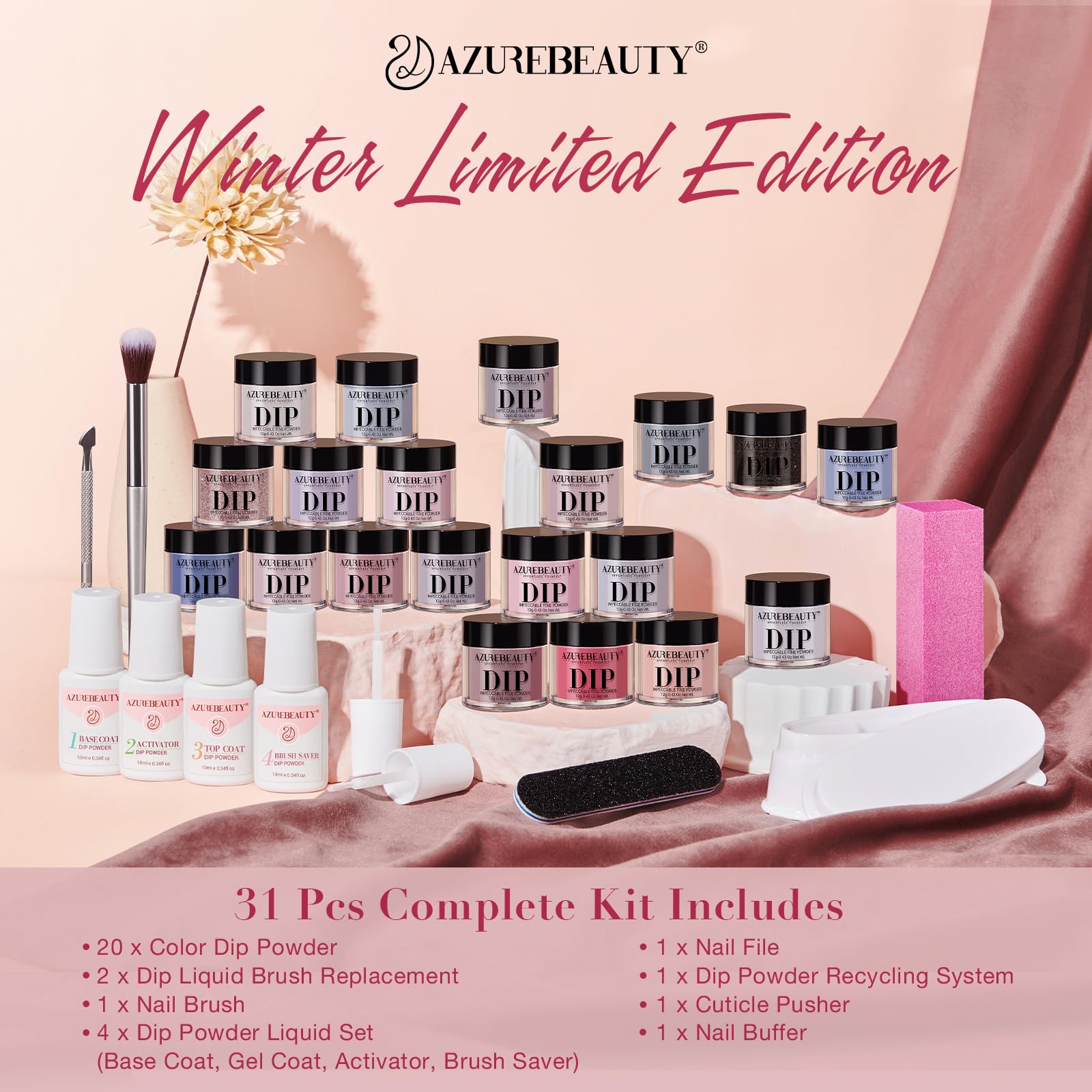 AZUREBEAUTY 31Pcs Dip Powder Nail Kit Starter 20 Colors Pastel Spring Summer Pink Acrylic Dipping Powder Set with Top/Base Coat Activator & Recycling Tray for Macaron French Manicure Salon: Nude Tan Gray Black