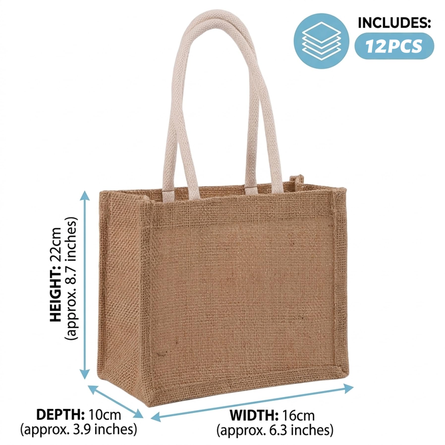 Lot de 12 sacs en jute imperméables, doublés et munis de poignées, parfaits pour la plage, les achats, les demoiselles d'honneur et les loisirs créatifs (22 x 16 x 10 cm). Dimensions : 22
