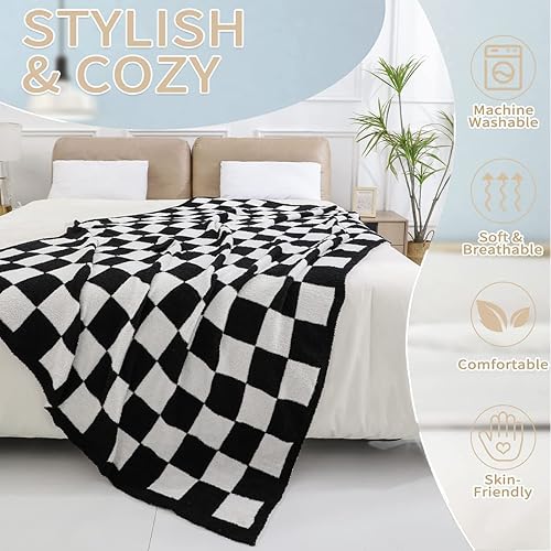 Miniatura 2 de Manta de punto suave con patrón de cuadrícula de ajedrez para sofá, cama, camping, regalo de viaje (negro, 50 x 60 pulgadas)