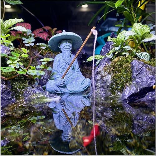 livelyfish Estatua de pescador, piedra arenisca, lodo, sentado, figuritas de pesca para acuario, jardín de hadas, estanque, bonsái, decoración de