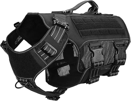 ICEFANG Tactical Mesh Dog Harness for Large Dogs,Reflective Dog Molle Vest with Metal Buckles,Hook and Loop Panels,No Pulling Front Clip for Walking Hiking Training Large Pack of 1, Black