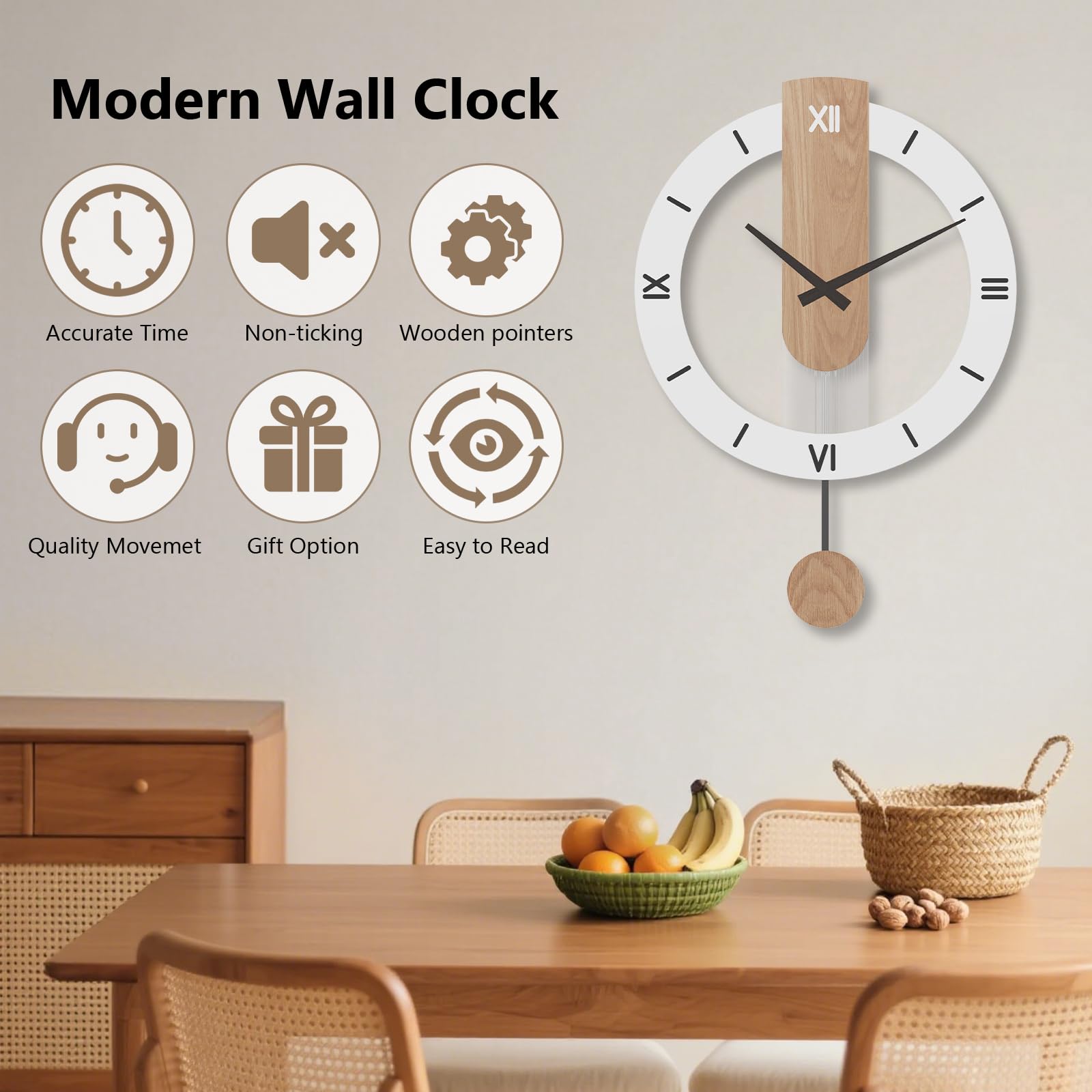 LANMOU Orologio da Parete Moderno, Orologio Parete Silenzioso 15dB con Pendolo in Legno, Orologi da Parete grande Bianco 40x55 cm, per Salotto, Camera da Letto, Studio in casa