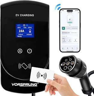 VORSPRUNG® RFID Smart App LCD Screen EV Wall Charging unit type 2 with RFID Card- Rapid EV Wallbox 32 amp/7.4kw IP55 Wi-Fi Electric car charger 5.2m cable, Home - Outdoor Charging Station - UK design
