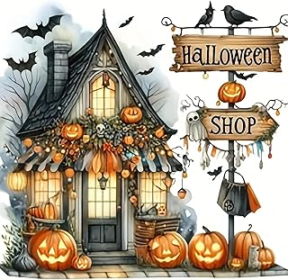 Pumpkin Bat Shop Diamond Art Kits for Adults, 5D Halloween Diamond Painting Kits for Adults Beginners, DIY Full Round Drill Diamond Dot Painting Gem Art Kits for Adult, Home Wall Decor 13.8x13.8 Inch