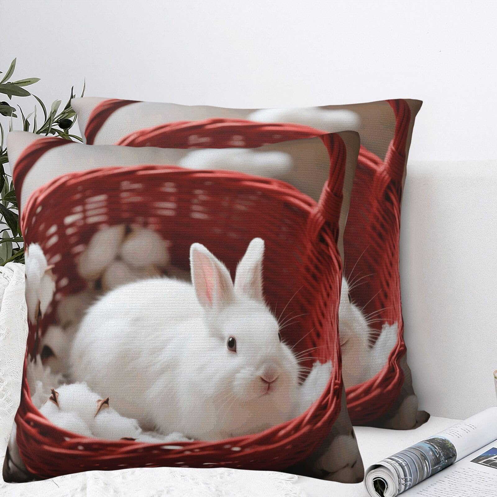 BTCOWZRV Rabbit in Basket Plush Throw Pillow Covers 18"X18",Soft Cozy Couch Cushion Covers Decorative Pillow Cases for Holiday Home Bedroom Sofa Decors