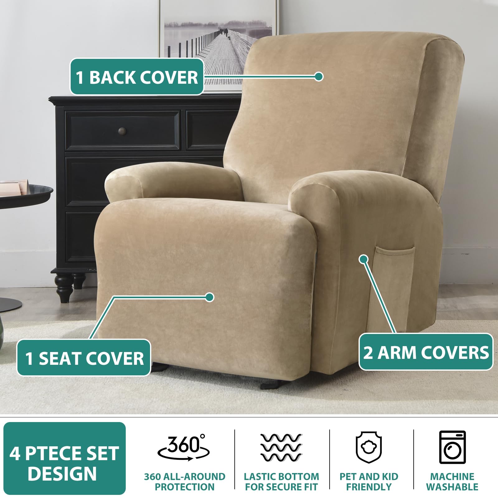 Leorate Velvet Recliner Chair Cover with Side Pocket - Image 4