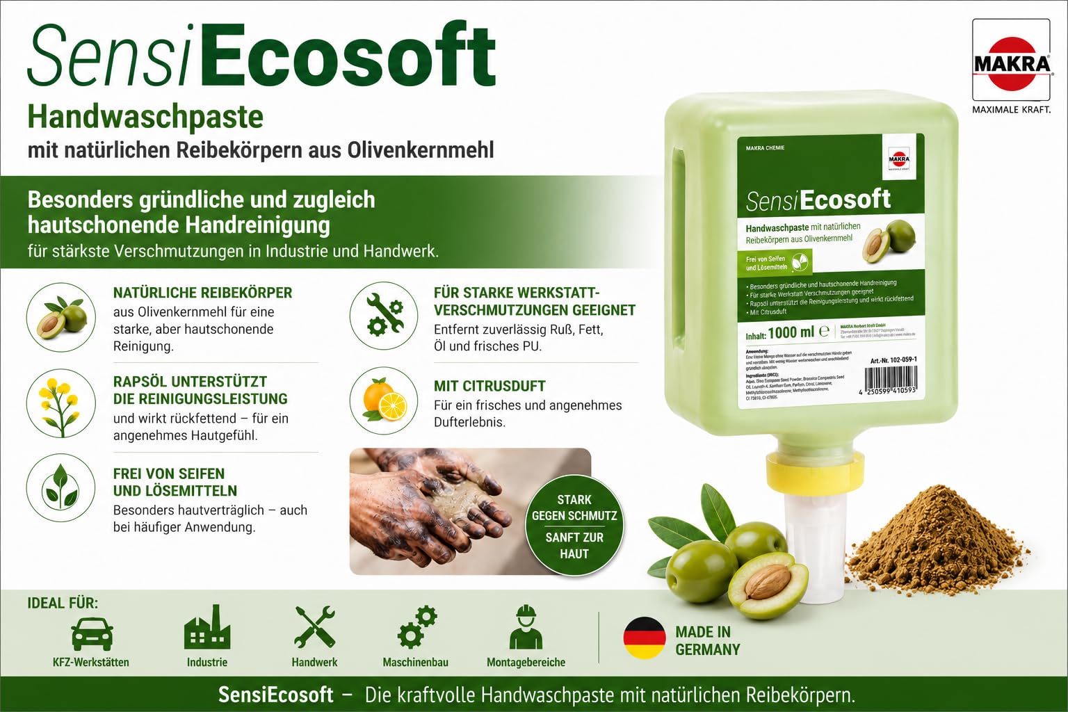 MAKRA SensiEcosoft Handwaschpaste | Natürliche Reibekörper aus Olivenkernmehl | Für starke Verschmutzungen | Citrusduft | 1 Liter