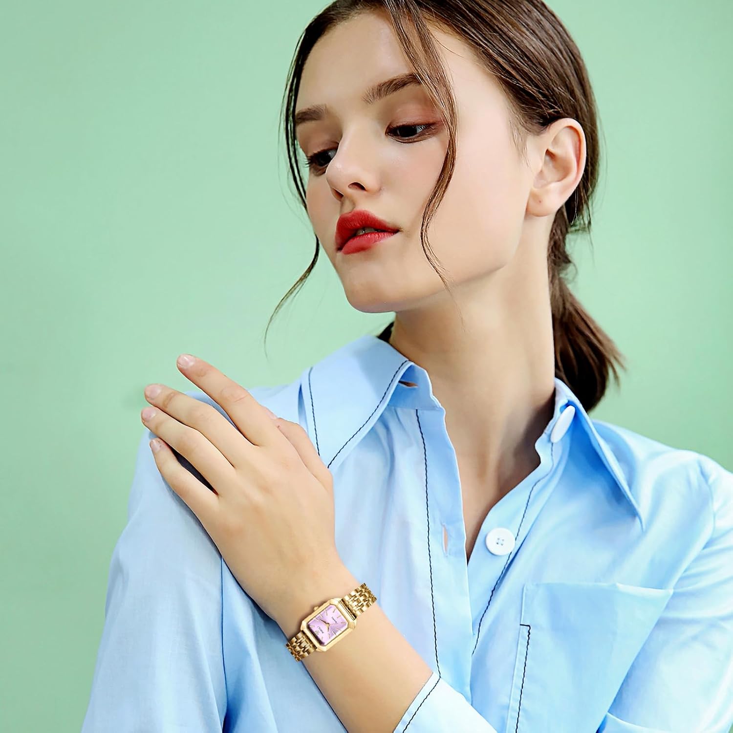 Avaner Women's Gold Square Watches: Stainless Steel Strap Analog Quartz Elegant Ladies Bracelet Wrist Watch - Image 4