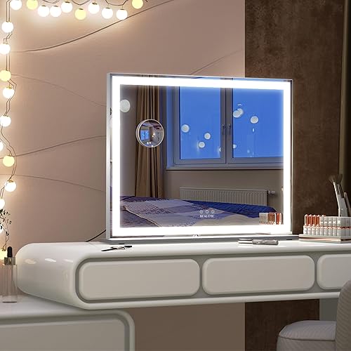 BEAUTME Espejo de tocador con luces, tocador de maquillaje iluminado, para mesa o en la pared, espejos de belleza con atenuador (plateado, 28.346 x