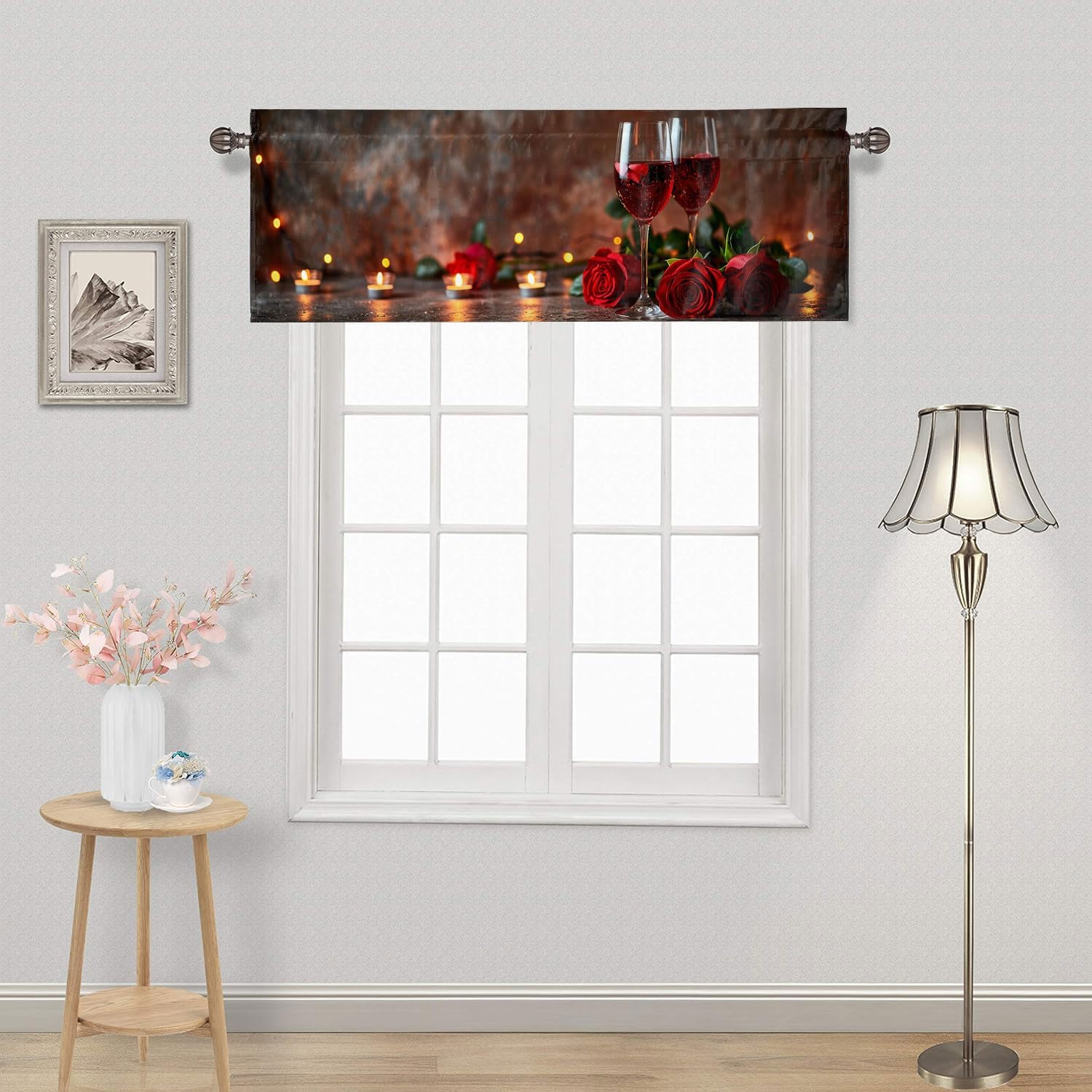 Red Rose and Wine Rod Pocket Valances Curtains for Kitchen Floral Romantic Valentine Thermal Insulated Small Window Curtain for Kitchen Living Room Bedroom 54 x 18 Inch, 2 Panel