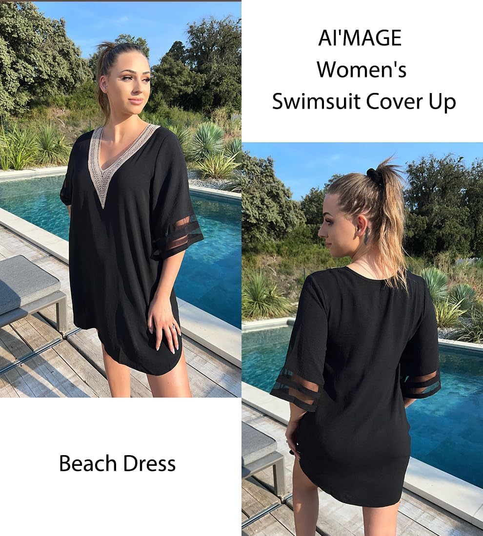 AI'MAGE Women's Swimsuit Cover Up 3/4 Bell Sleeve Loose Beachwear Deep V-Neck Bikini T-Shirt Beach Dress S-XXL