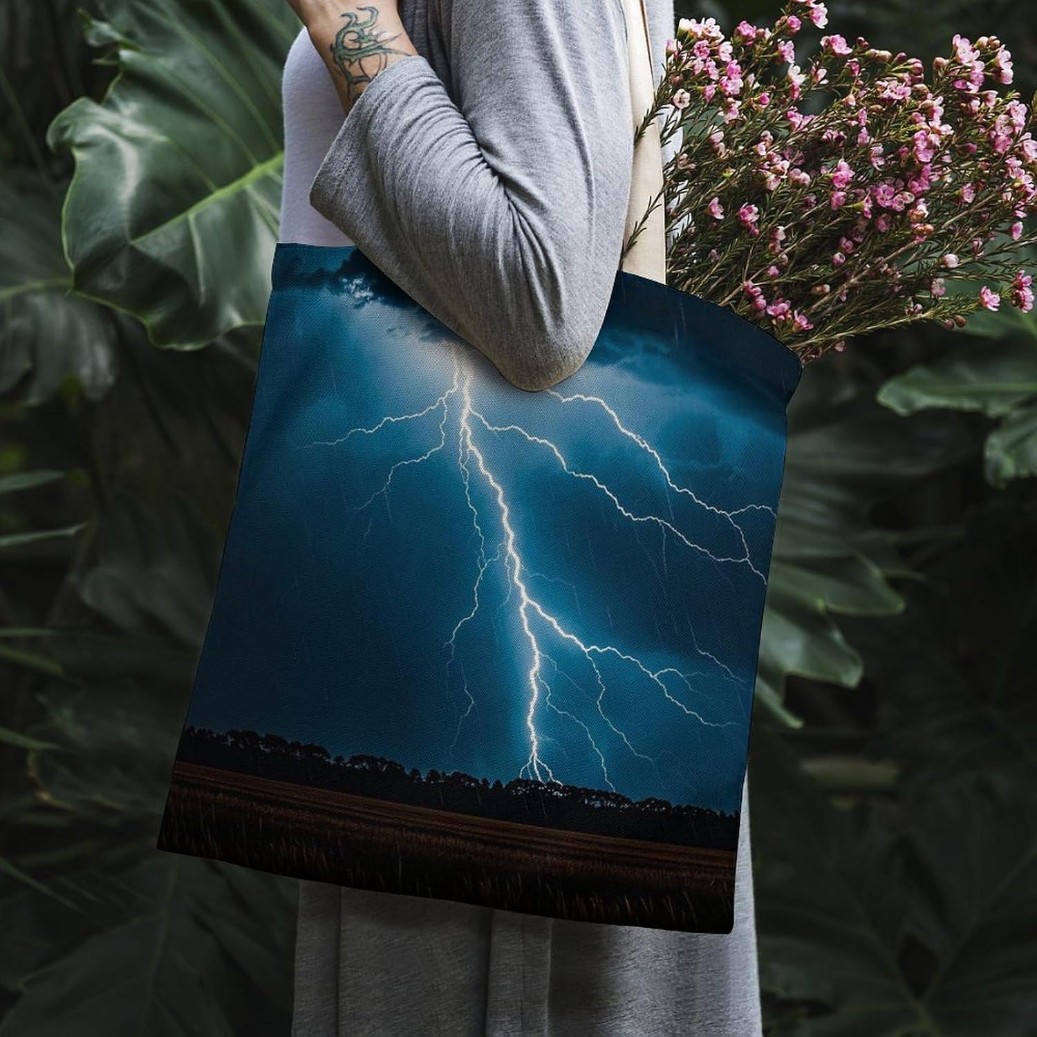 Canvas Tote Bag 16x15 In Lightweight Foldable Shoulder Hobo Purse | Strikes Thunderstorms, Casual Tote with 10" Strap, Everyday Carryall, for Travel Work Grocery Shopping Beach Mark Gym Yoga