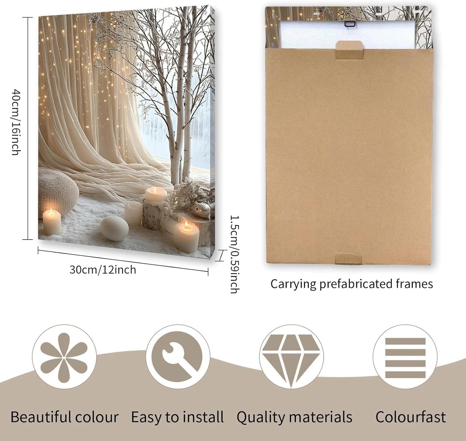 Canvas Wall Art Framed – Cozy Neutral Candle Lights Artwork, Soft Winter Hygge Style Wall Decor for Bedroom, Living Room, Hallway or Entryway Home Decoration, with Hooks and Nails, 12x16 Inch 02 — view 7