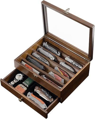 Knife Display Case Knife Collection Display Holder with Glass Lid, 2-Layer Wooden Pocket Knife Case with Drawers (Walnut)