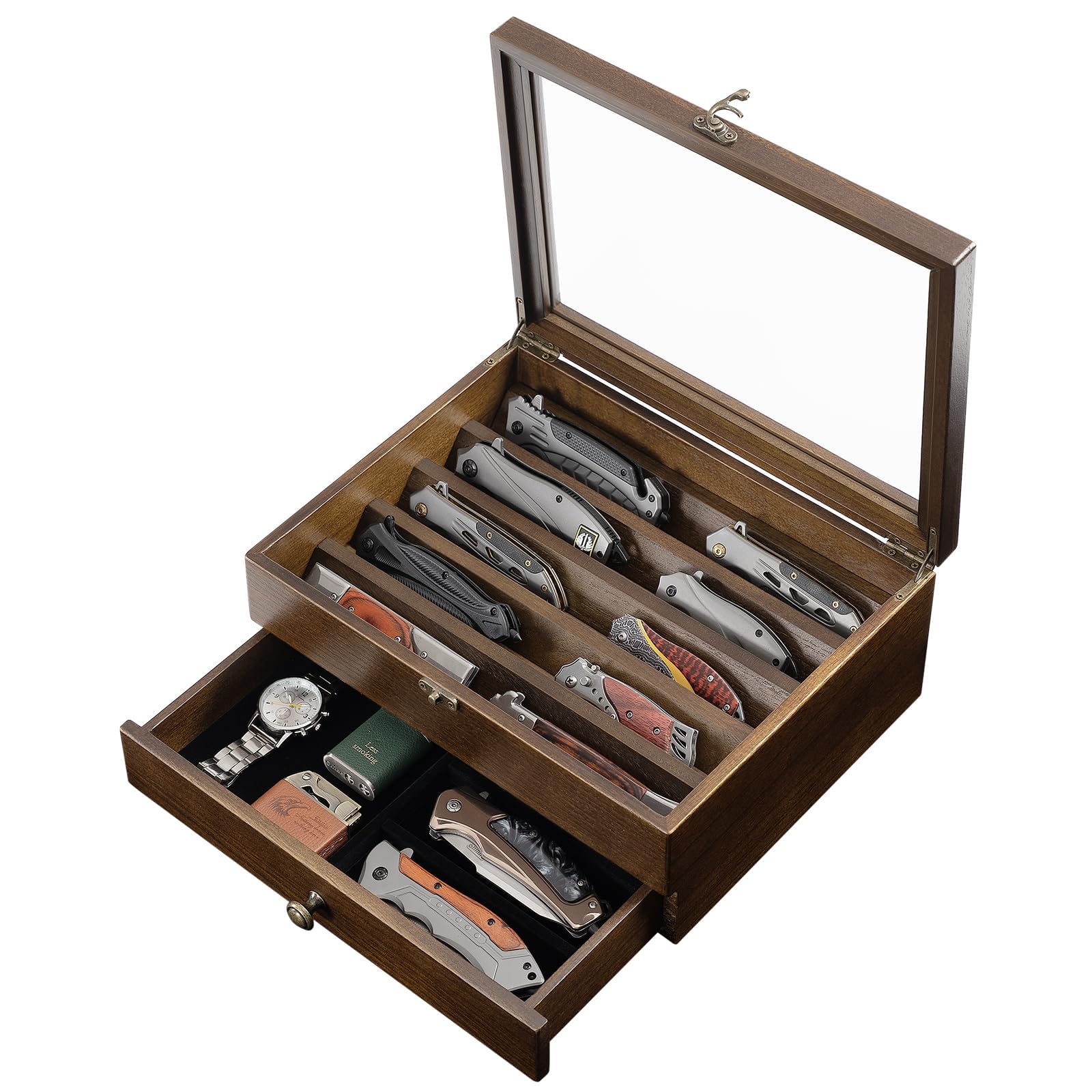Messer-Vitrine, Messersammlungs-Präsentationsständer mit Glasdeckel, 2 Etagen Taschenmesserkoffer aus Holz mit Schubladen, für Aufbewahrung Verschiedene Messer, Heimdekoration (Walnuss)