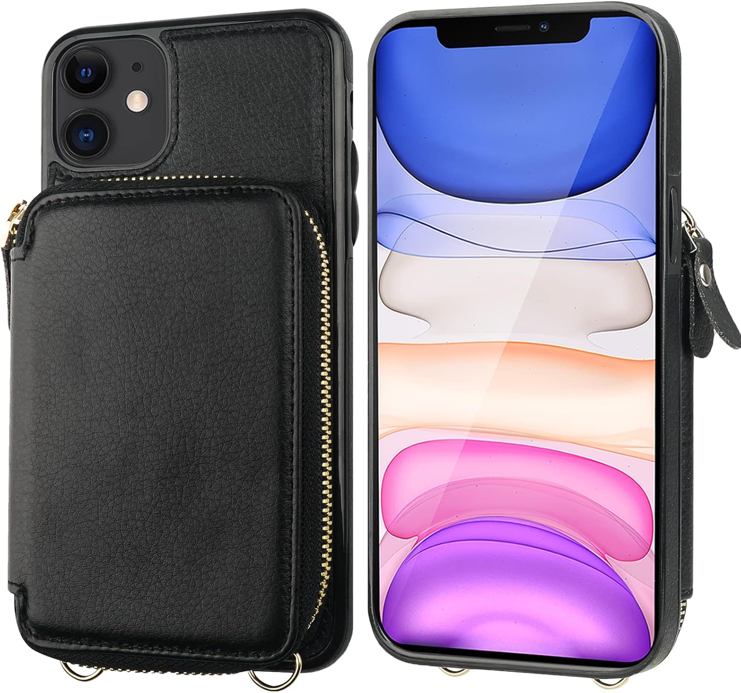 Bocasal RFID Blocking Wallet Case for iPhone 11, Adjustable Crossbody Zipper Purse Case Card Holder with Kickstand Detachable Wrist Strap, PU Leather Flip Folio Case 6.1 Inch (Black) - Image 3