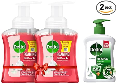 Dettol Foaming Handwash Pump - Strawberry (Pack of 2-250ml each) & Dettol Liquid Handwash Dispenser Bottle Pump - Original Germ Protection Hand Wash- 200ml