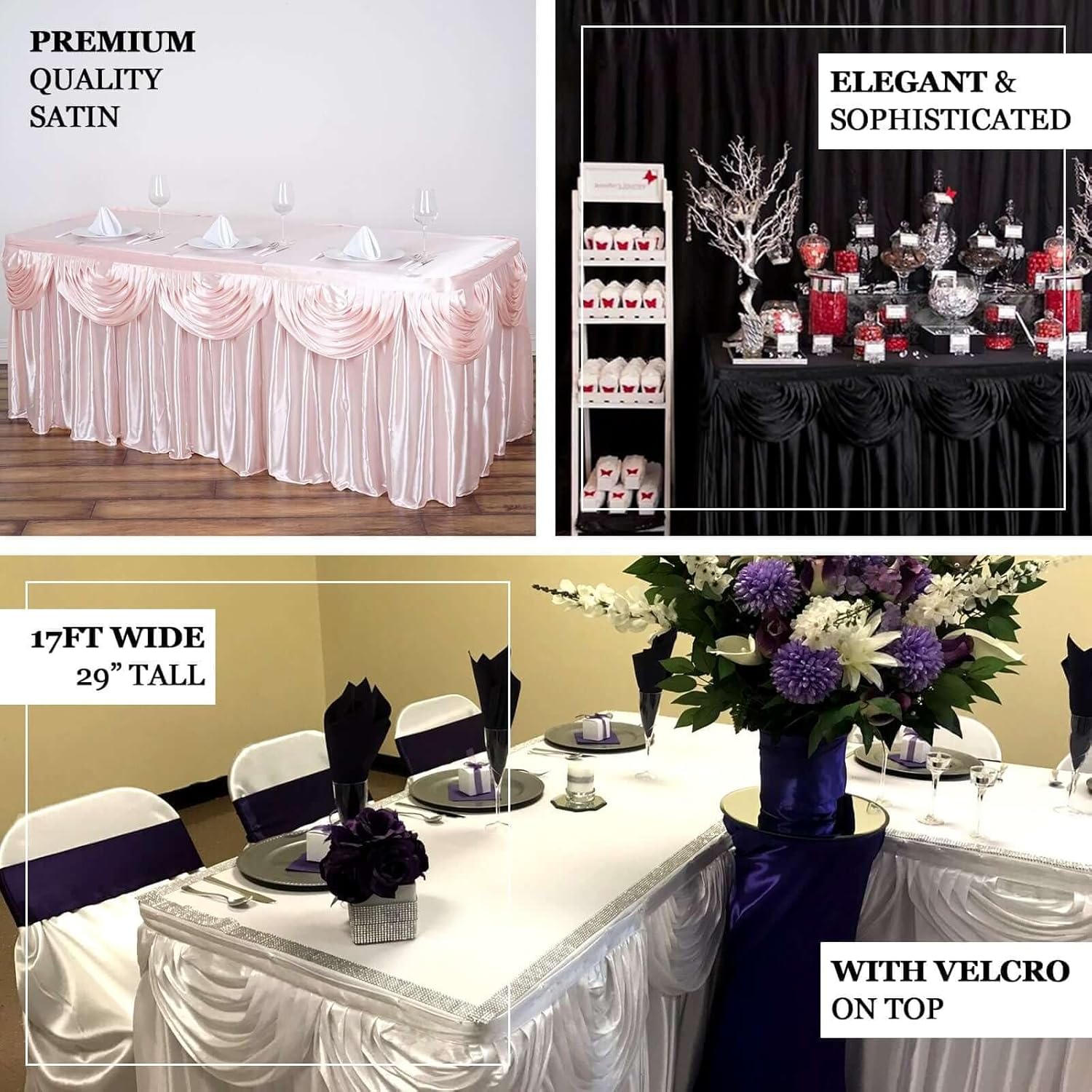 Efavormart White Satin Double Drape Table Skirt for Kitchen Dining Catering Wedding Birthday Party Decorations Events 21ft