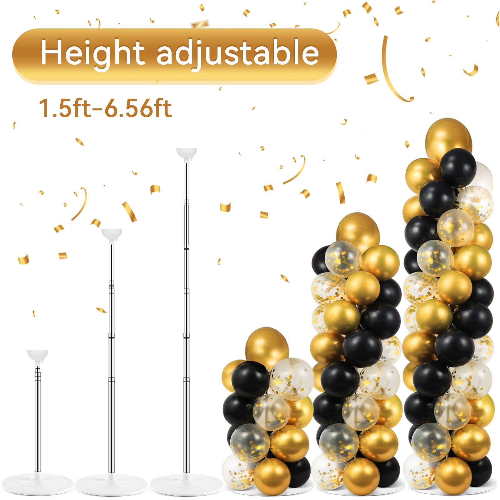 2 Sets Schwarz Gold Ballon Säulenständer Kit mit 102 Luftballons Verstellbarer Ballonturm Ständer mit Basis für Boden Gold Konfetti Ballons Säulen-Kit für Abschlussfeier Geburtstag Wertschätzung Party