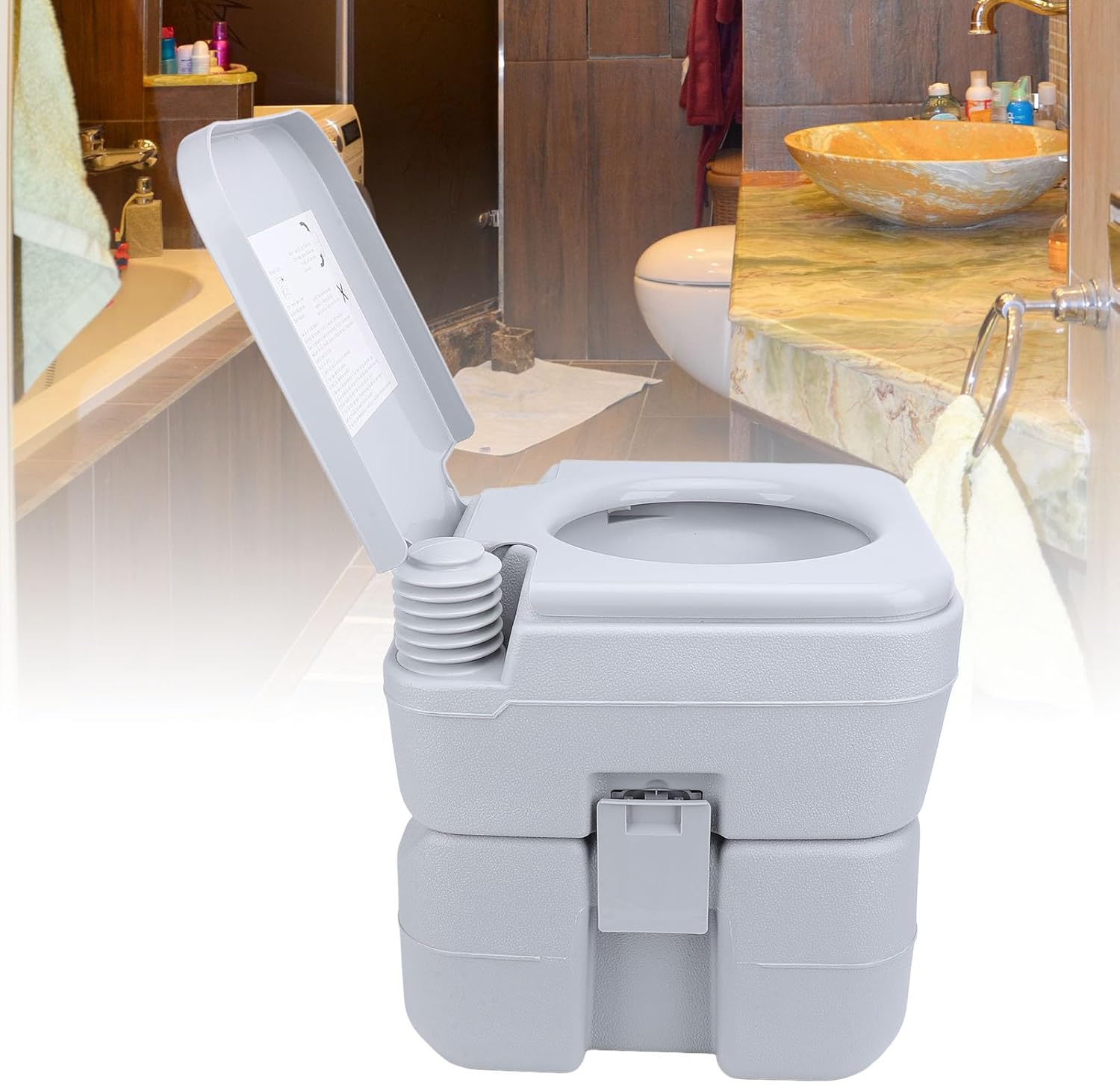 FILFEEL RV Portable Toilet with 20L Waste & 12L – Flush System, 440 Lb Capacity, Dual Outlet, ABS Construction, Grey (Double Outlet)