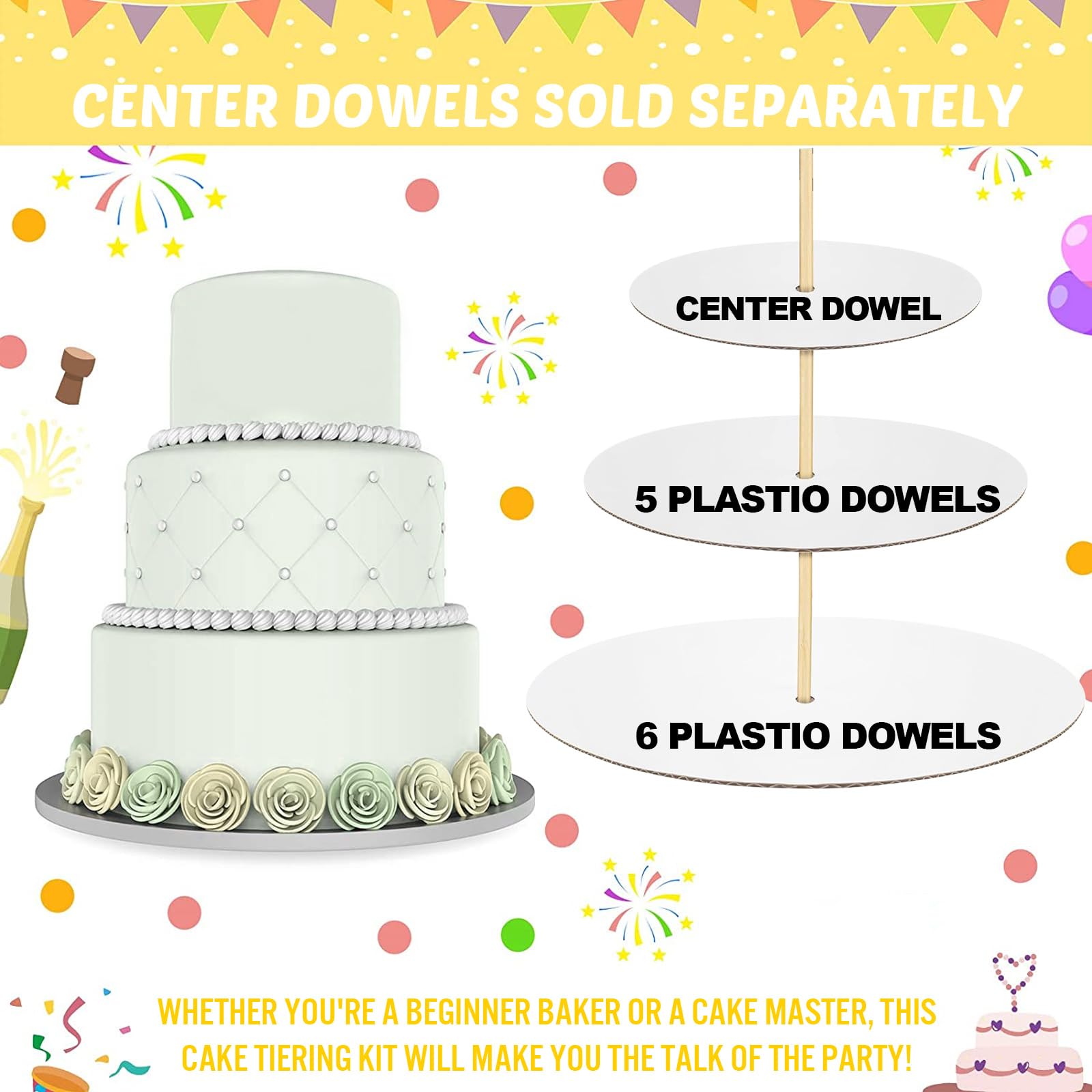 Lot de 98 plateaux à gâteau ronds robustes en papier parchemin et tiges en plastique pour gâteaux à étages pour mariage, fête d'anniversaire