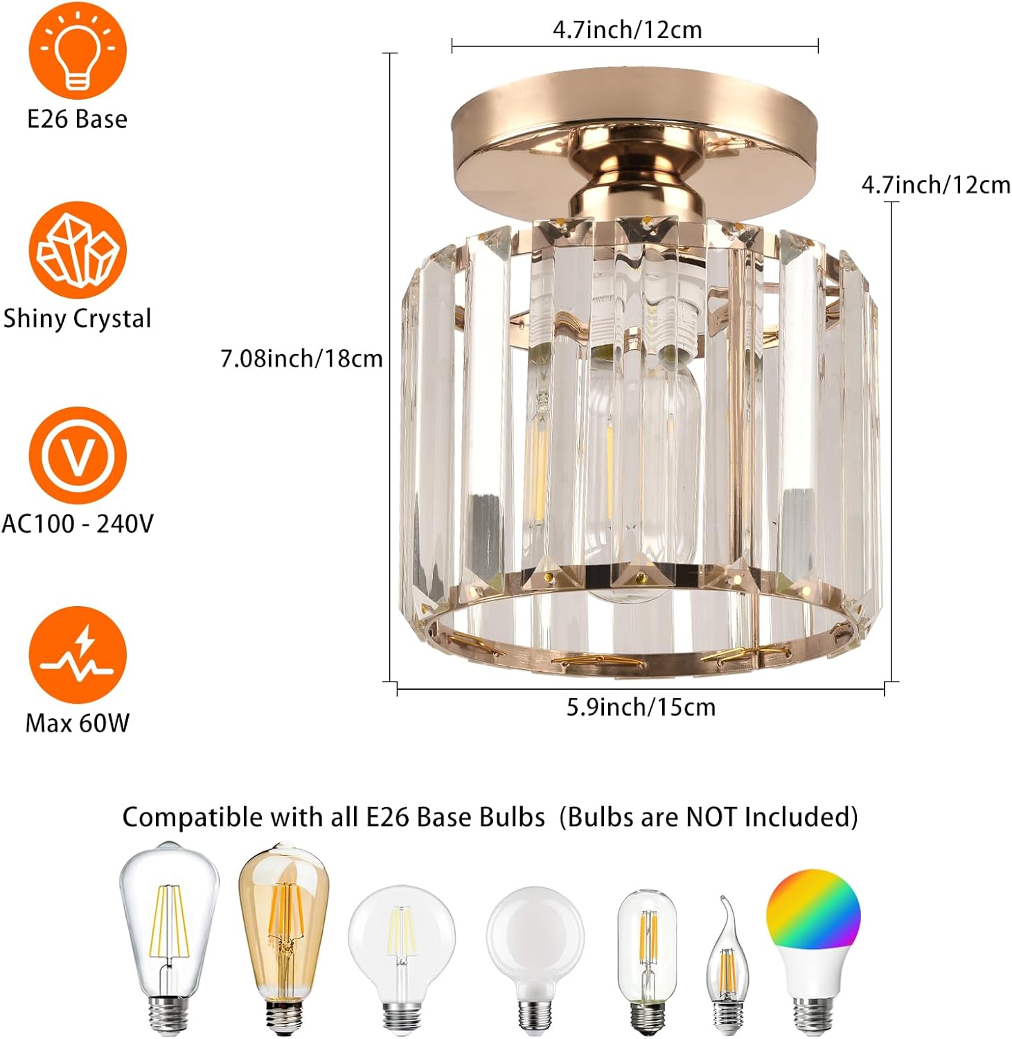 Semi Flush Mount Ceiling Light, Crystal Ceiling Light Gold Chandelier for Kitchen Hallway Entrance Balcony Dining Rooms Living Rooms Bar