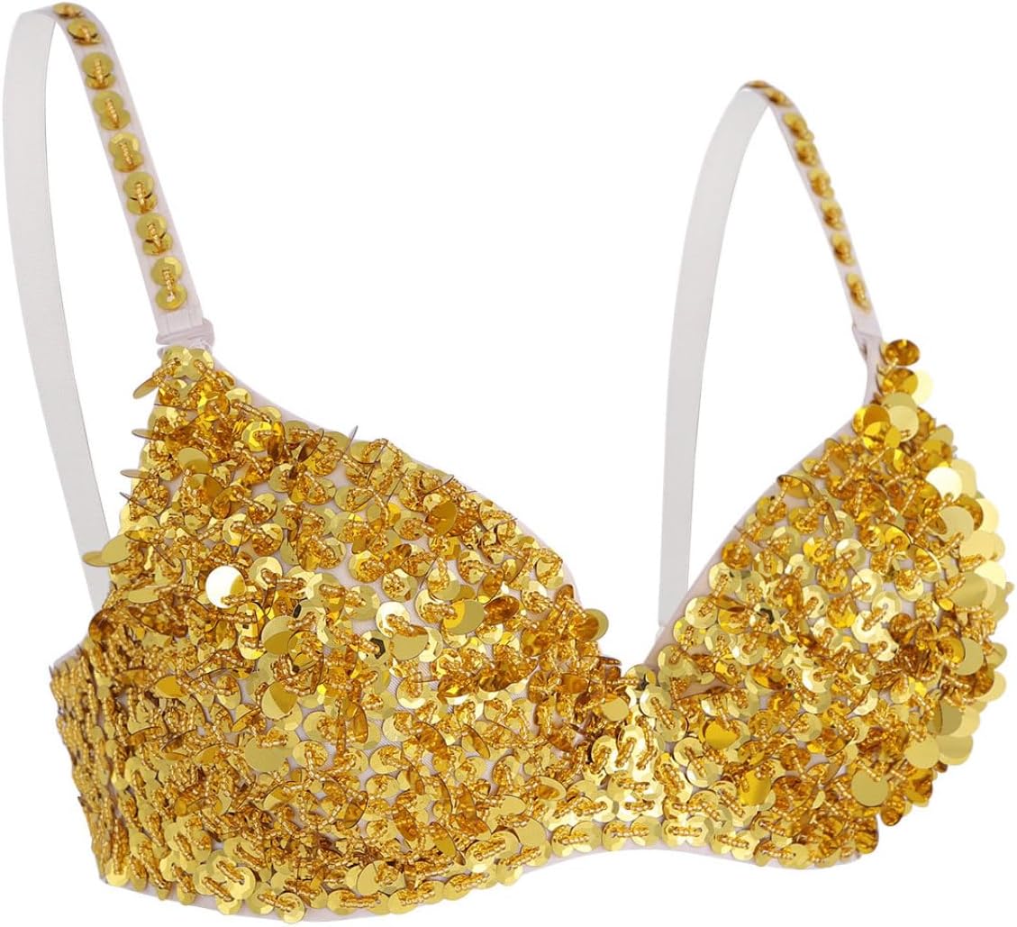 Linjinx Womens Sparkle Sequins Beading Padded Bra Belly Dance Crop Top Rave Party Performance Costume
