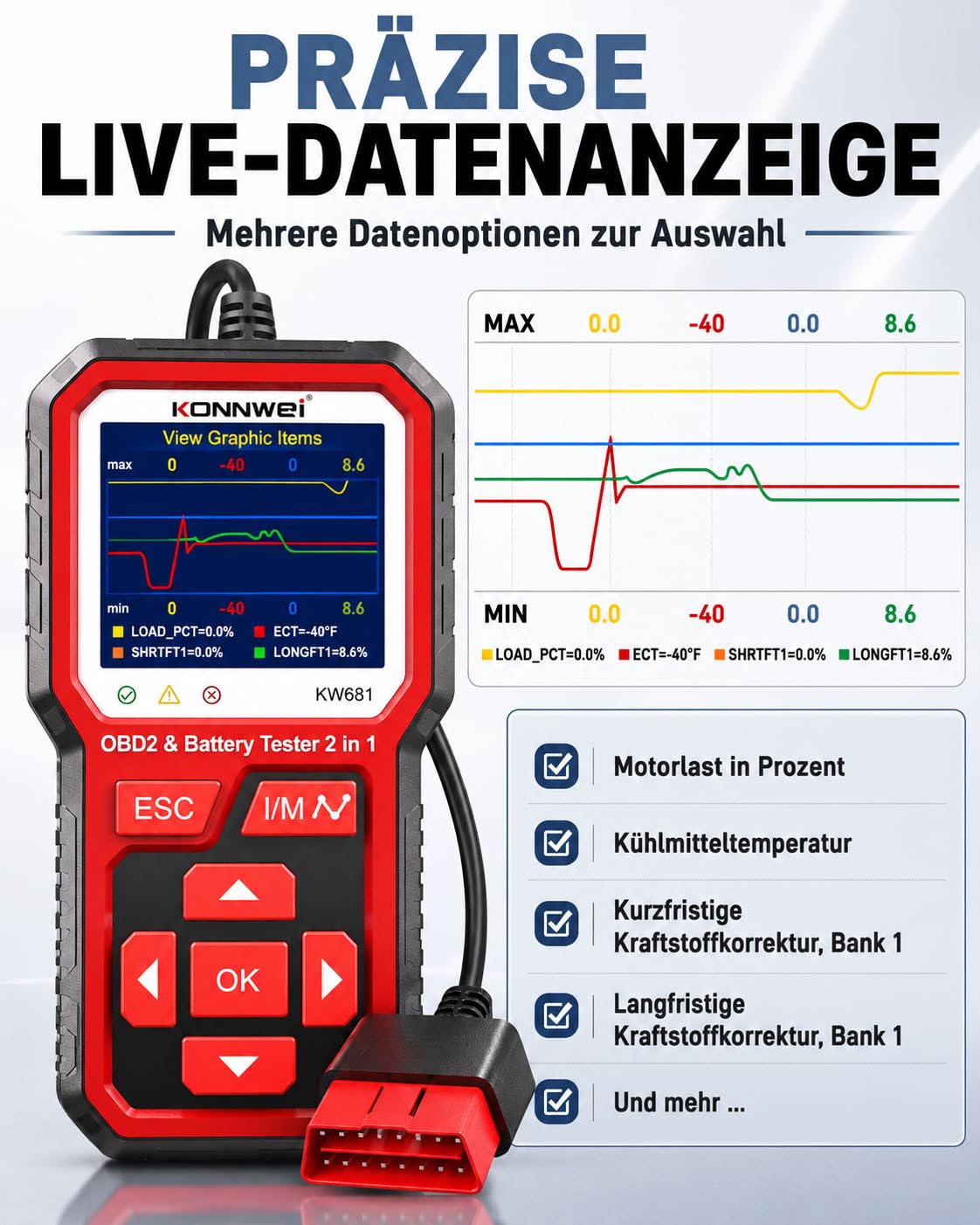 KONNWEI KW681 OBD2 Diagnosegerät Auto Auslesegerät & Batterietester 2-IN-1 | Universal KFZ Fehlercode Lesegerät mit Ein-Klick-I/M, 6V 12V Autobatterie Tester für Batterietests Anlasstests & Ladetests