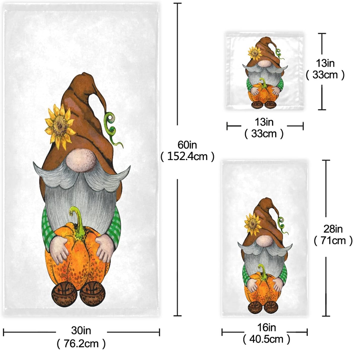 ALAZA Brown Fall Gnome with Pumpkins Bath Towel Set Luxury Decorative Set of 3, 1 Bath Towel 1 Hand Towel 1 Washcloth Soft Multipurpose for for Bathroom Hotel Gym Yoga Spa