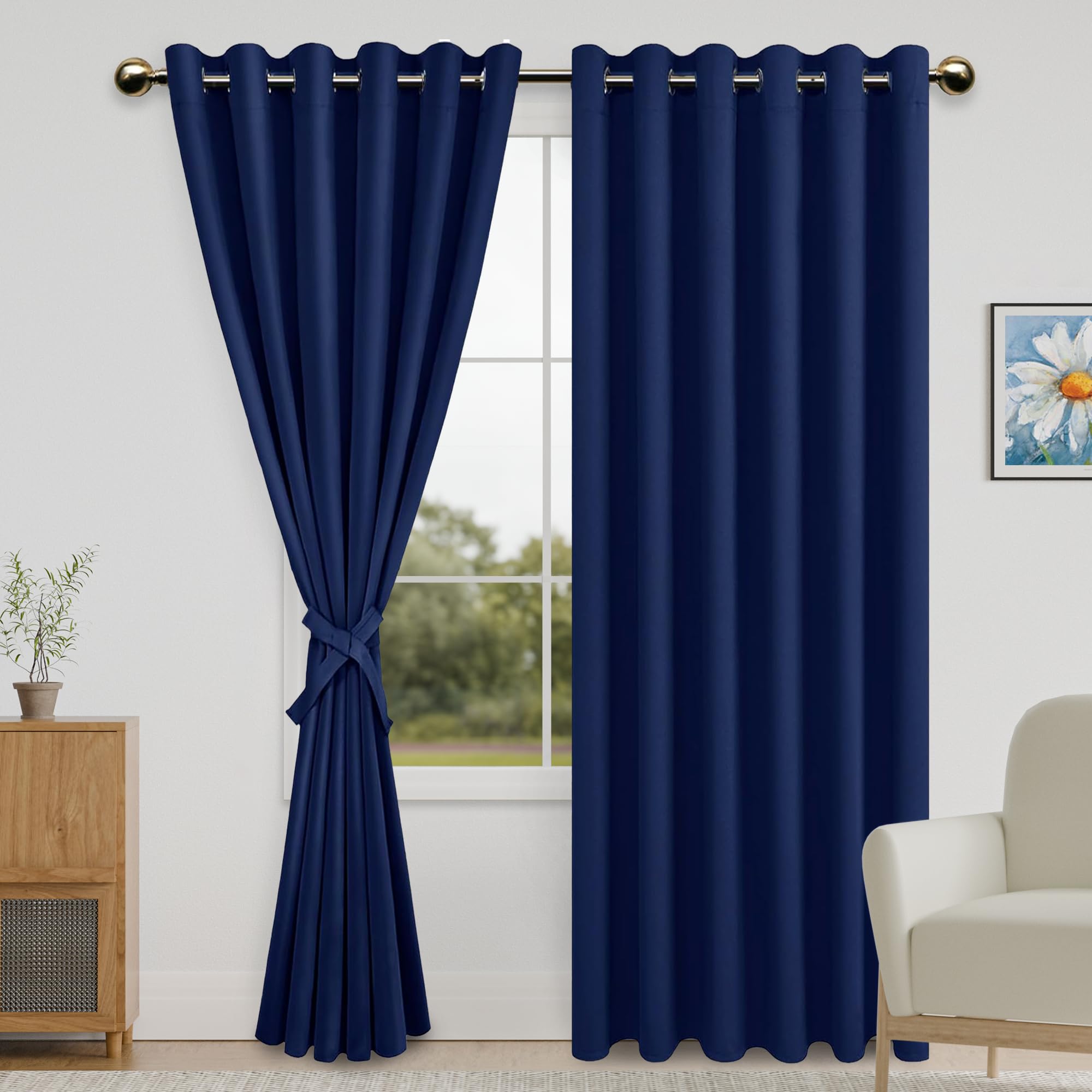 DWCN Blackout Curtains for Bedroom with Tiebacks - Room Darkening Privacy Grommet Top Window Curtains for Living Room, 70 x 84 inch Length,Dark Blue,Set of 2 Panels