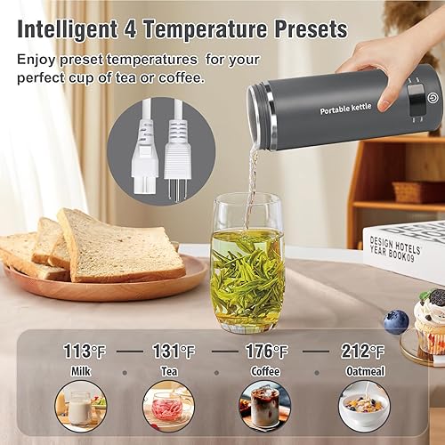 Miniatura 3 de Hervidor eléctrico de viaje, mini tetera portátil, pequeña caldera de agua caliente con 4 ajustes de temperatura, acero inoxidable 304, agua de