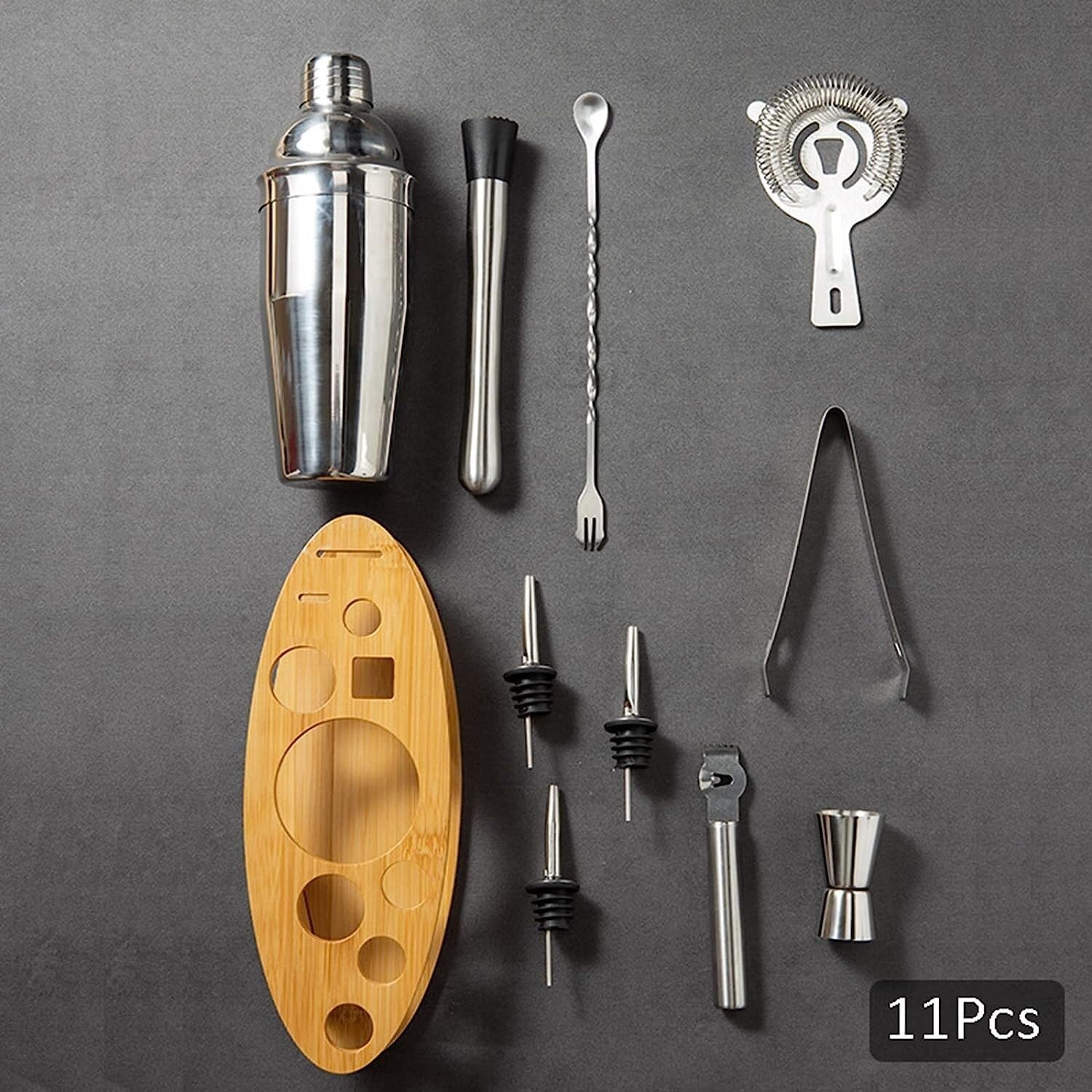 Ensemble de Cocktail Shaker à Cocktail Shaker Kit Kit De Mélange De Cocktail en Acier Inoxydable 11 Pièces avec Kit De Barman De Présentoir en Bambou Shaker Cocktail Kit Shaker Cocktail Set(750ml)