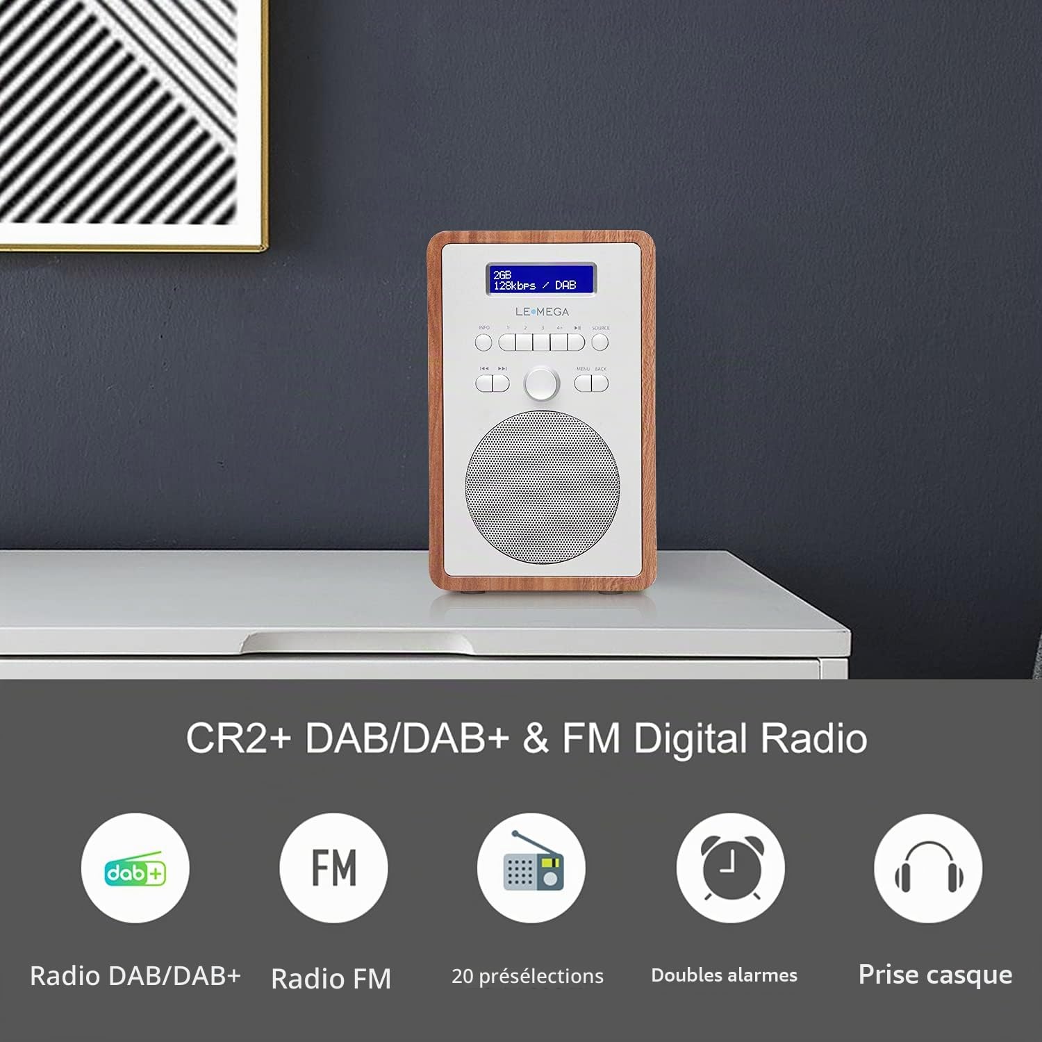 LEMEGA CR2+ Radio Dab/Dab+/FM, Secteur, Double Alarme, Noyer