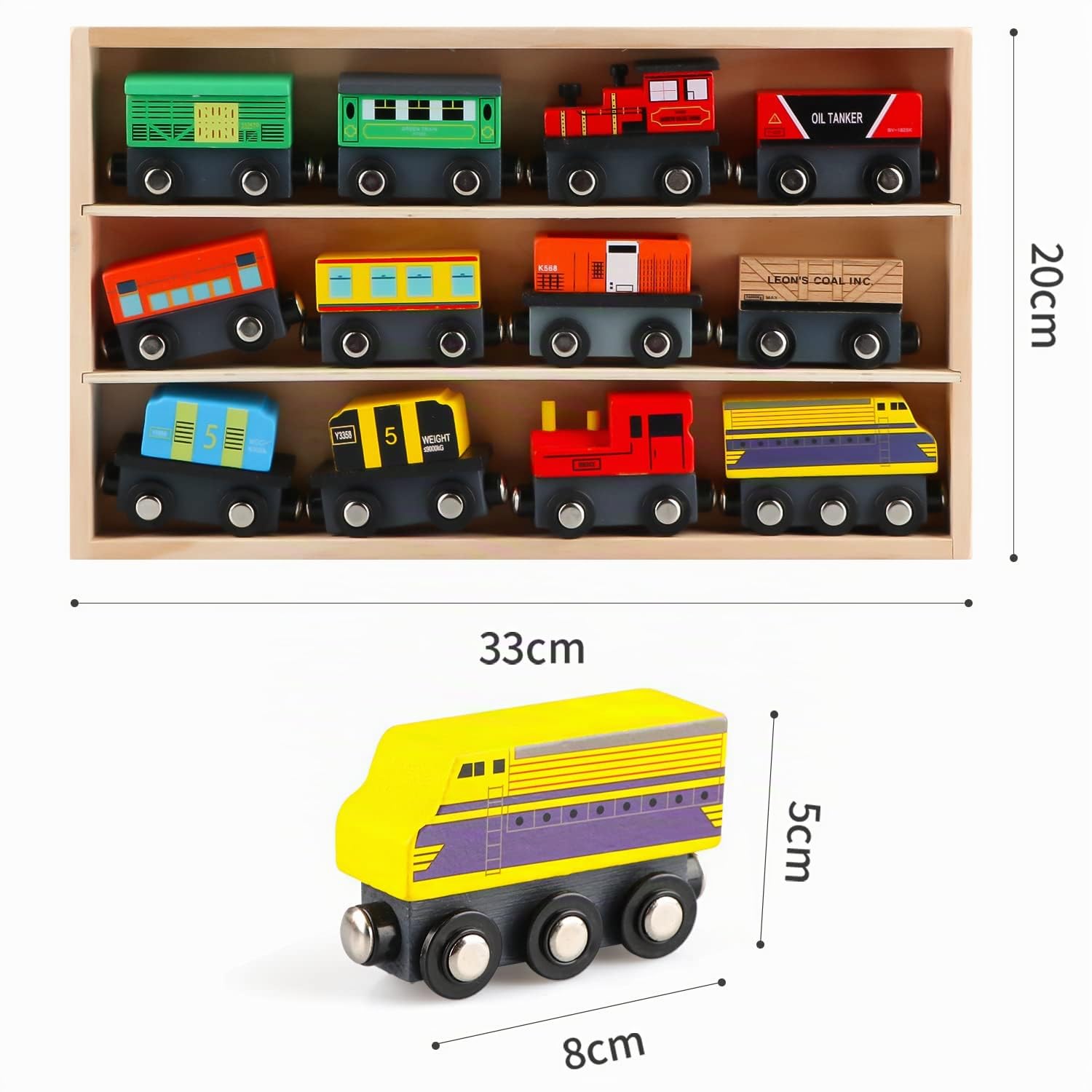 Jacootoys Juego Juguete de Tren Magnético de Madera con Caja de Almacenamiento (12 Piezas) Vehículos Motores de Coches para Niños Niñas 3 años