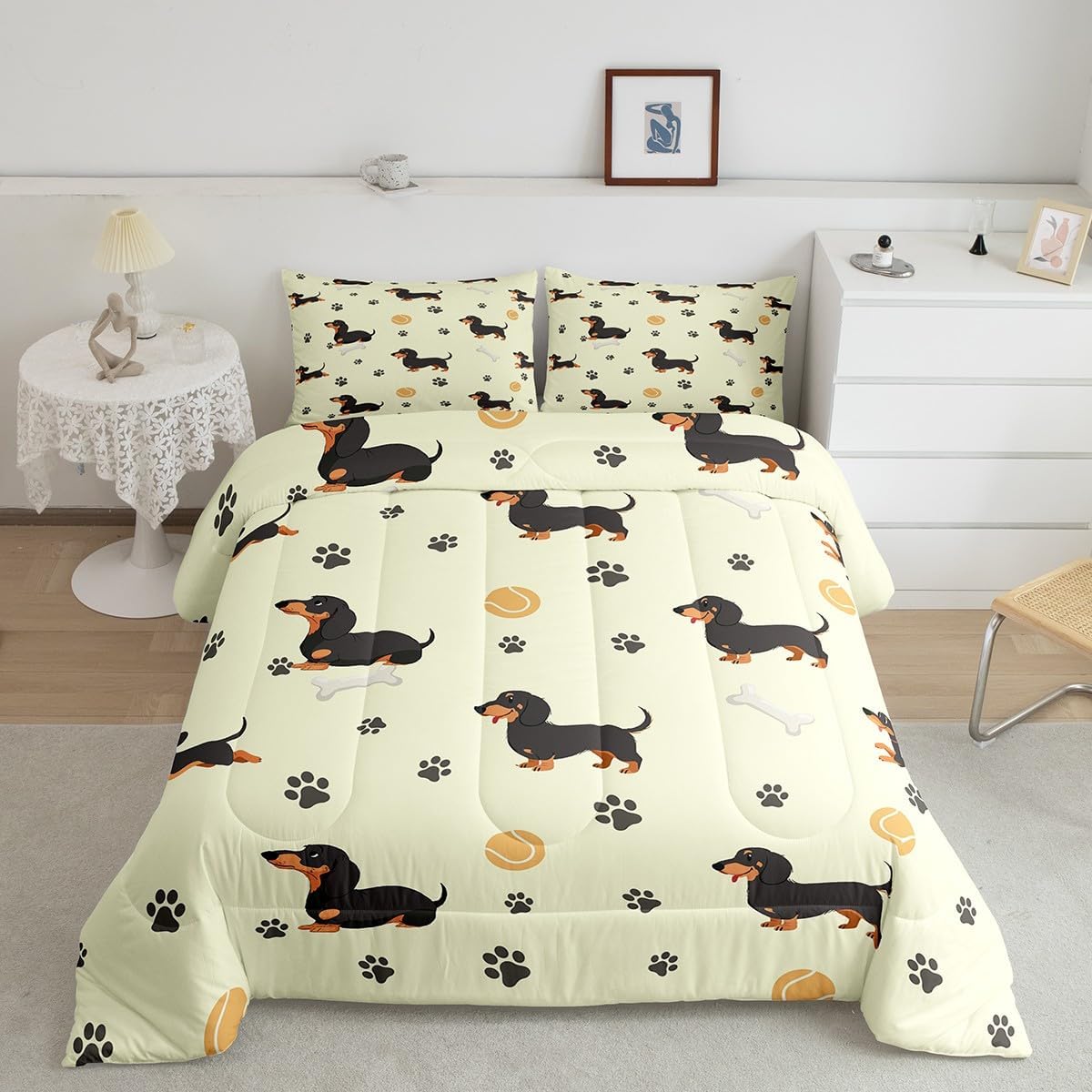 Castle Fairy Cute Dachshund Dog Comforter Set King Size,Cartoon House Pet Animal Themed Bedding Set All Season Quilt Set,Ball Bones Paw Print Yellow Microfiber Polyester Down Comforter
