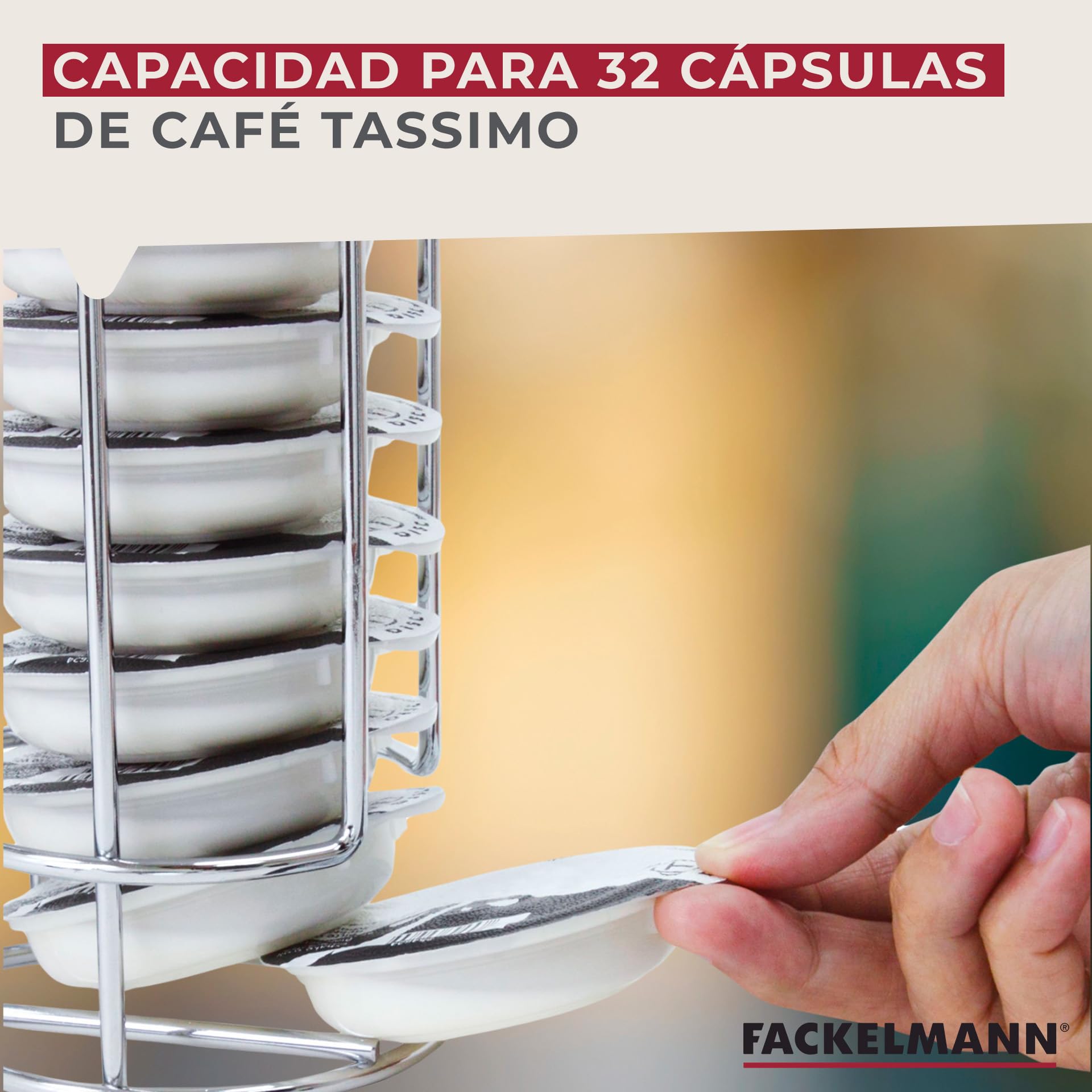 Fackelmann Soporte Porta Cápsulas Tassimo, Capacidad 32 Cápsulas de Café, Soporte de Acero Vertical para Cápsulas de Café, Organizador Cápsulas, 1 ud. 18x27 cm.