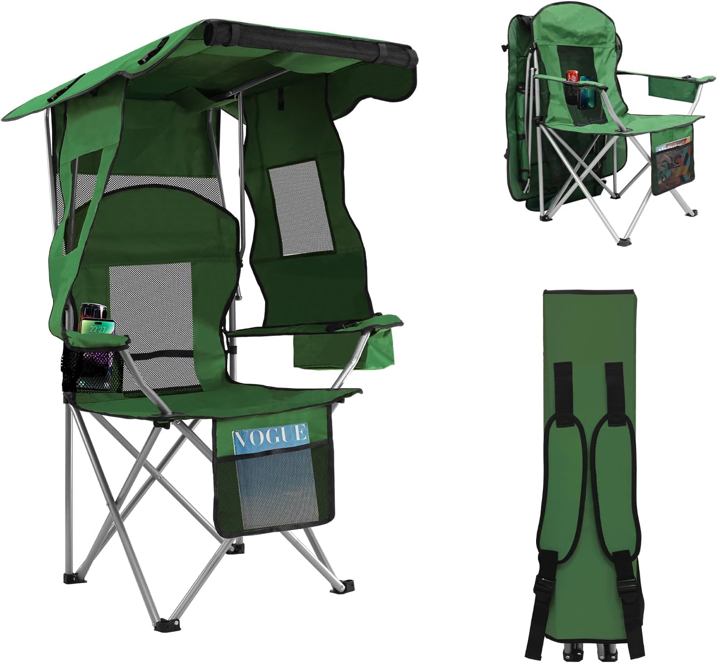 ptlsy Folding Camping Chair with Canopy, Beach Chair with Canopy Shade with Cup Holders, Cooler Bag for Camping, Fishing, Beach, Sports and Concert (Green)