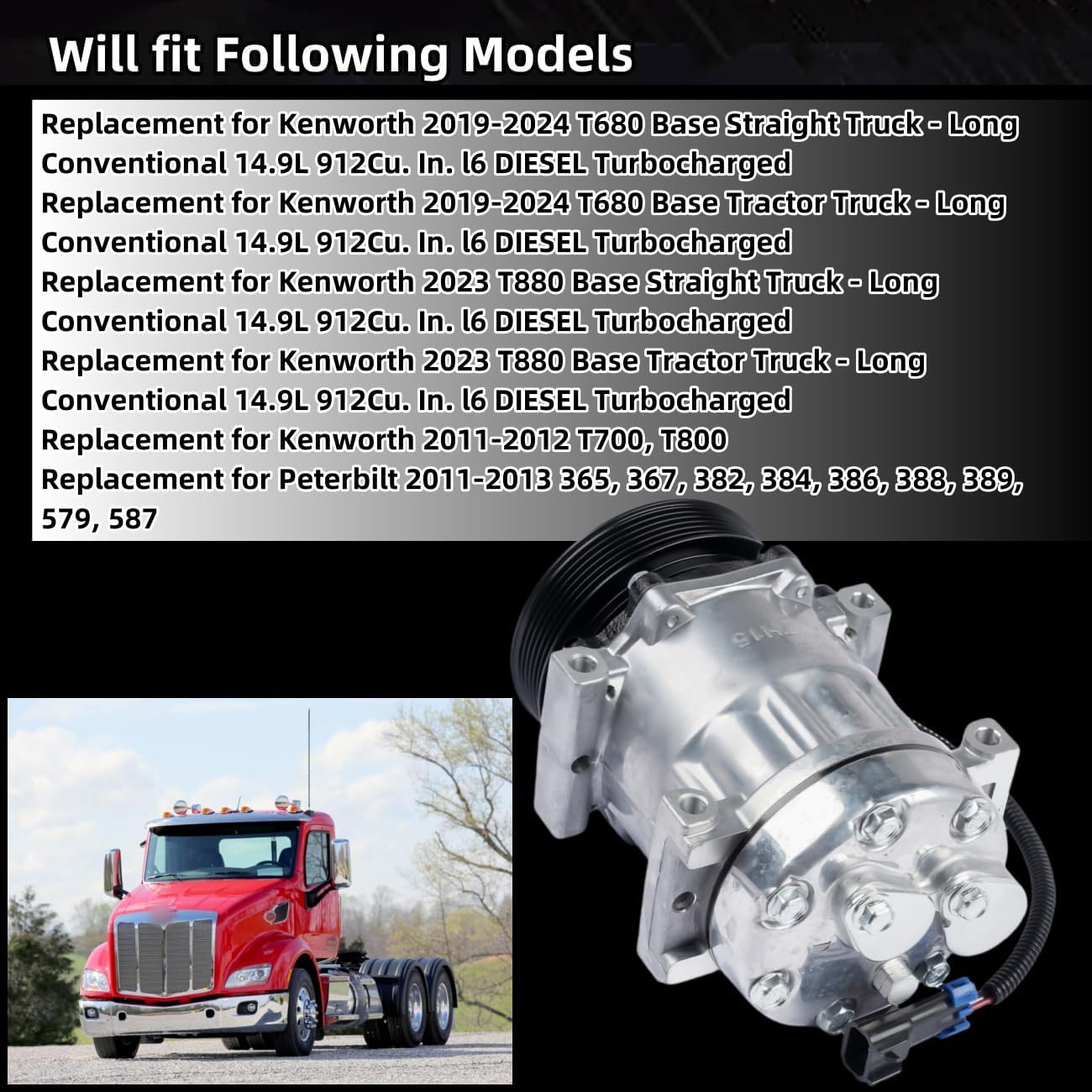 F691015111 New A/C Compressor Replacement for Peterbilt 2011-2013 389 579 587 Kenworth 2019-2024 T680 Kenworth 2011-2012 T700 T800 Replace #F69-1015-111 F69-1028-111 Vahaha