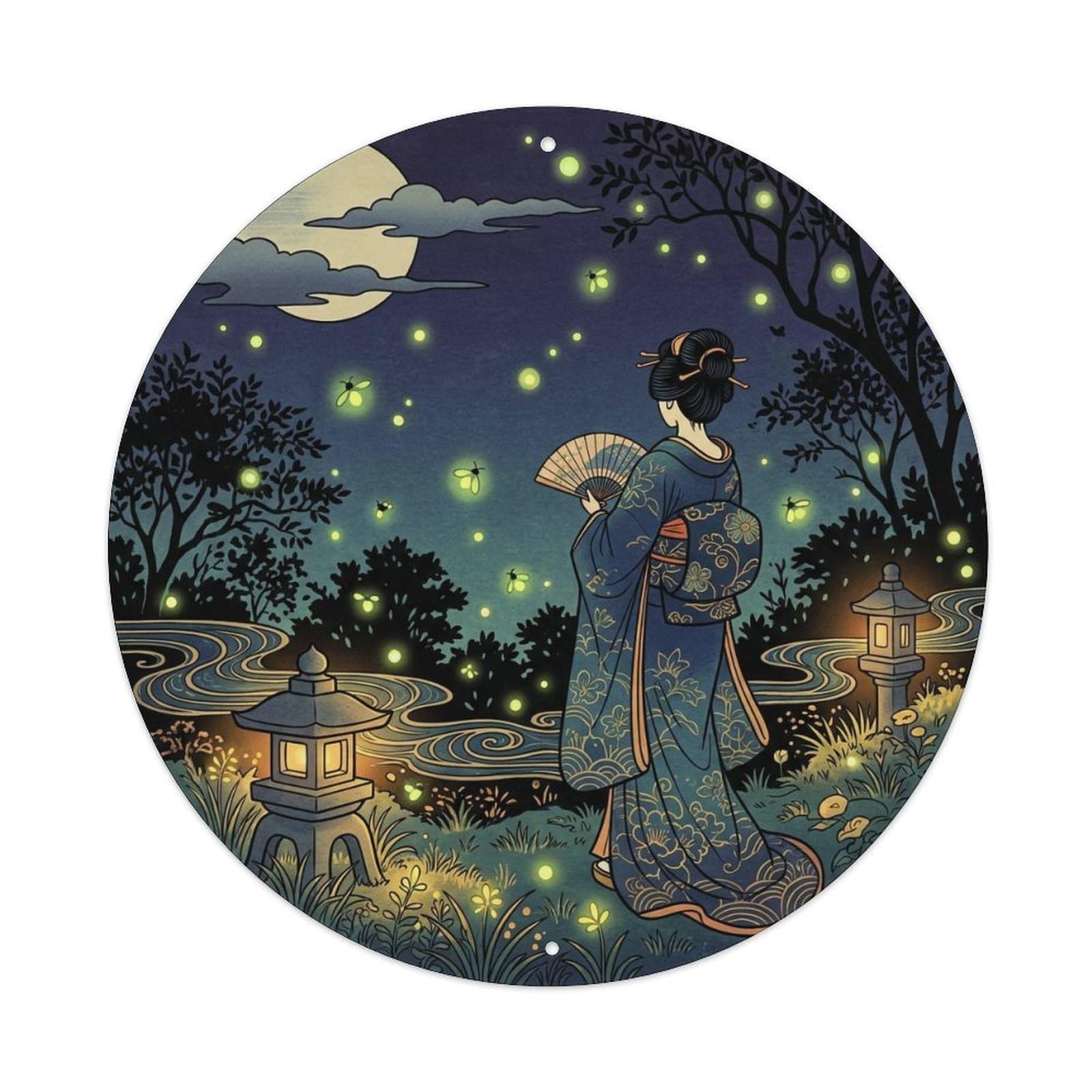 Japanese Geisha Watching Fireflies Night Summer Scene Metal Tin Sign