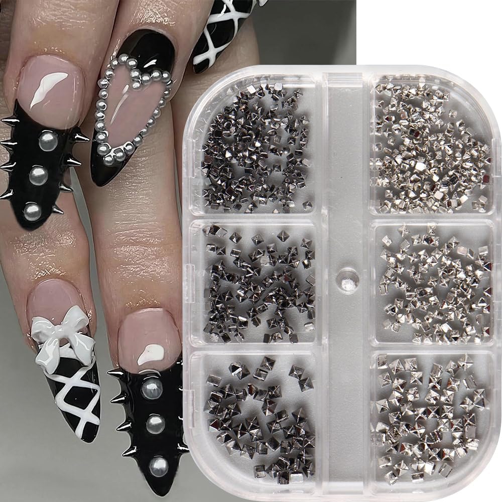 6 Grid/Box Mini Metal Rivet Black Silver Nail Charms Punk Cone Spikes Nail Art Charms Alloy Spike Charms for Nails Design Mixed Sized Stud Nail Charm Manicure Decor Rivets Studs Fingernail Decorations