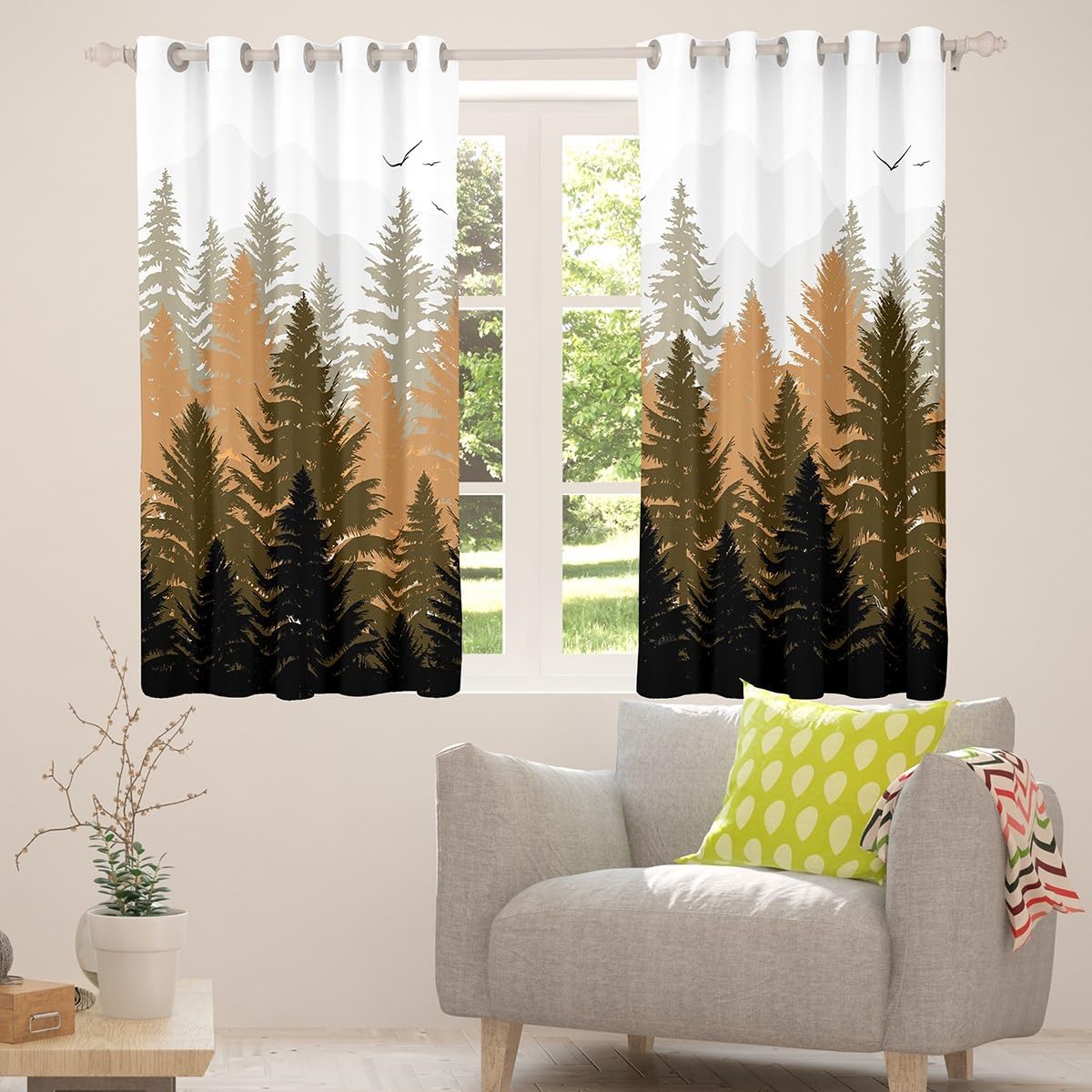 Erosebridal Brown Forest Window Curtains for Men Women,Misty Nature Tree Blackout Curtains 2 Panels,38X45 Inch,Woodland Mountain Scenery Window Treatments Drapes for Bedroom