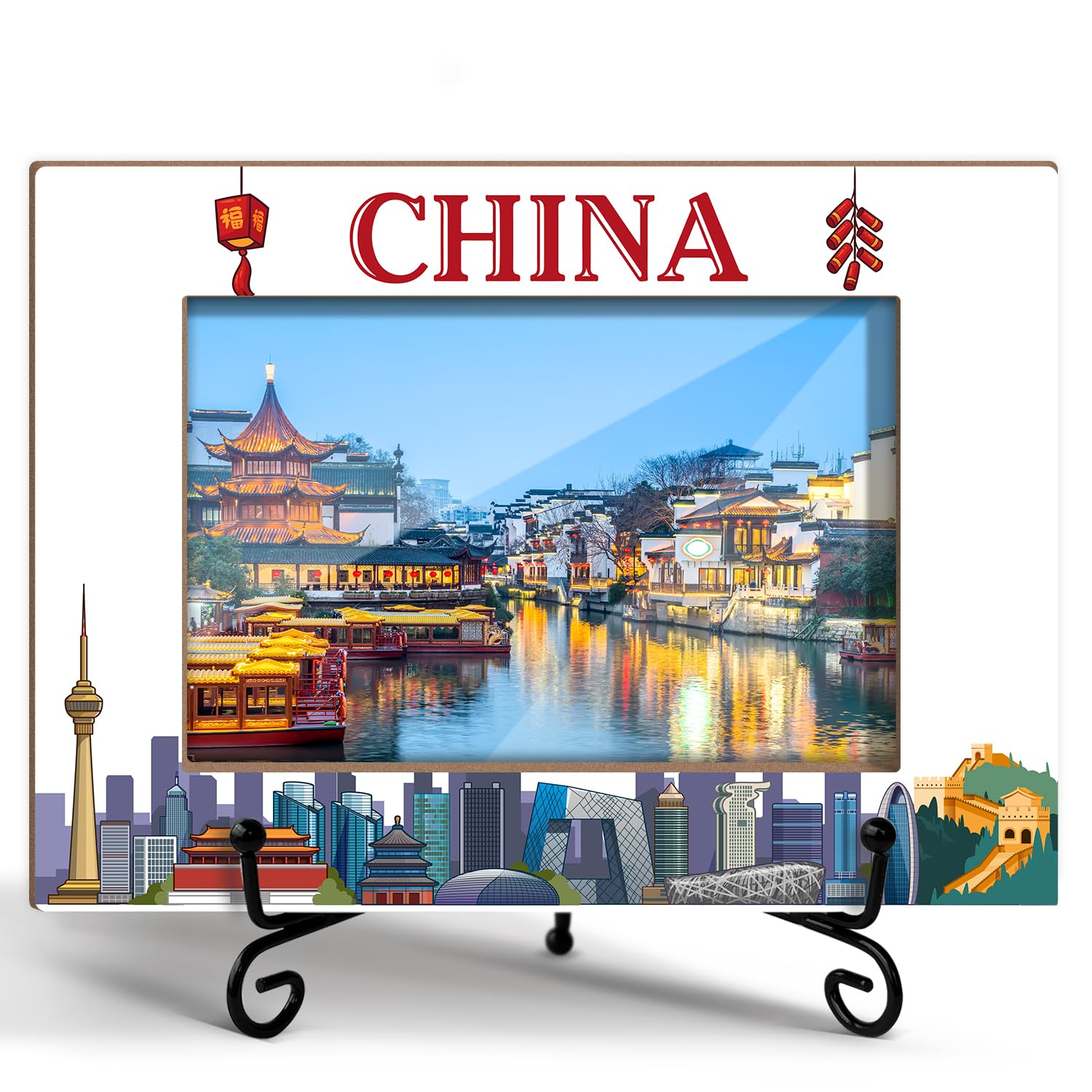 BSNZZIO China Travel Photo Frame, Wooden Picture Frame with Stand, China Gifts Vacation Gifts for Friends Coworker, China Souvenirs Home Office Desk
