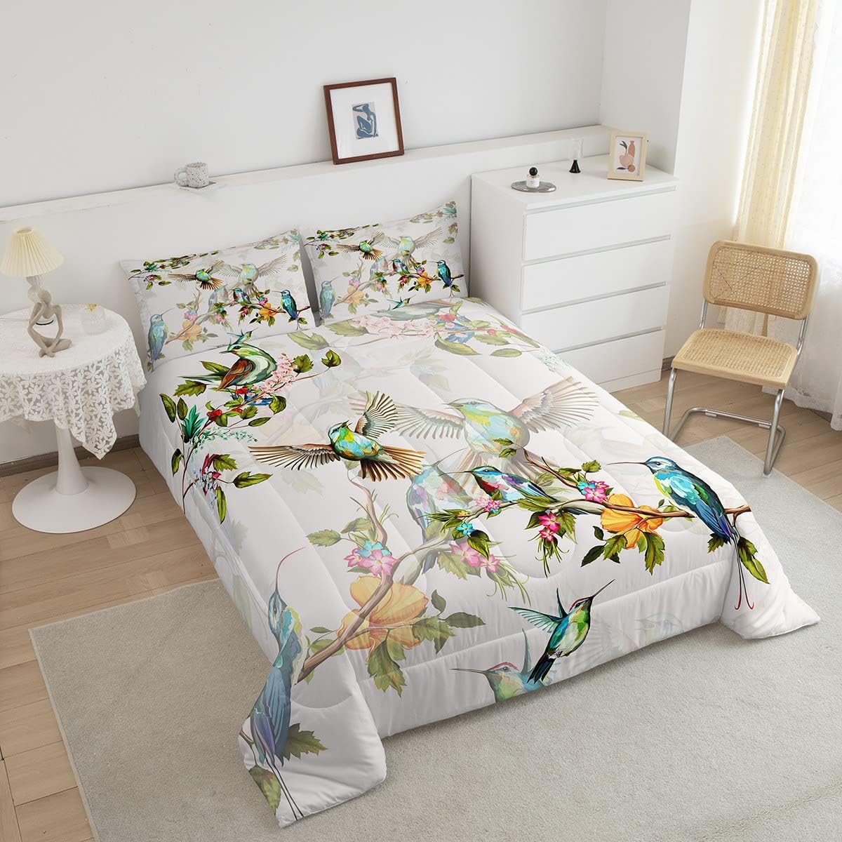 Erosebridal Birds Comforter Set Queen Hummingbird Bedding Set Blue Green Spring Wild Animals Botanical Down Comforter Farmhouse Nature Spring Wildlife All Season Duvet Insert for Women Girls - Image 3