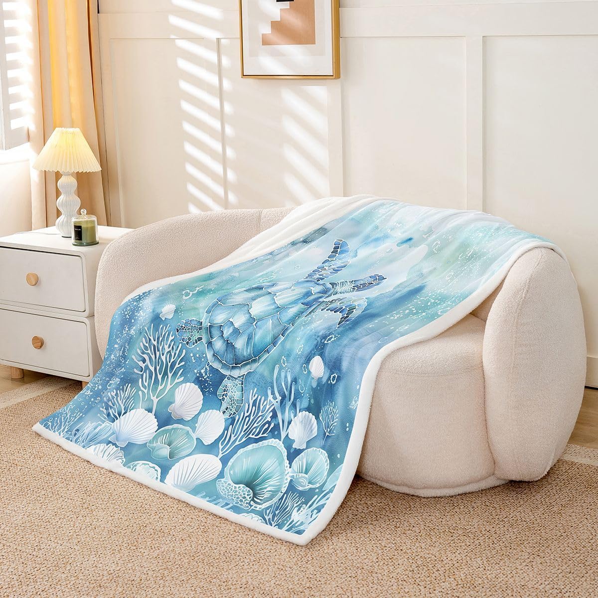jejeloiu Sea Turtle Sherpa Blanket Plush Fuzzy Ocean Reptile Tortoise Fleece Throw Blanket Boys Girls Starfish Seashell Conch for Bed Couch Chair Living Room Beach Bedroom Decor Baby 30"x40"