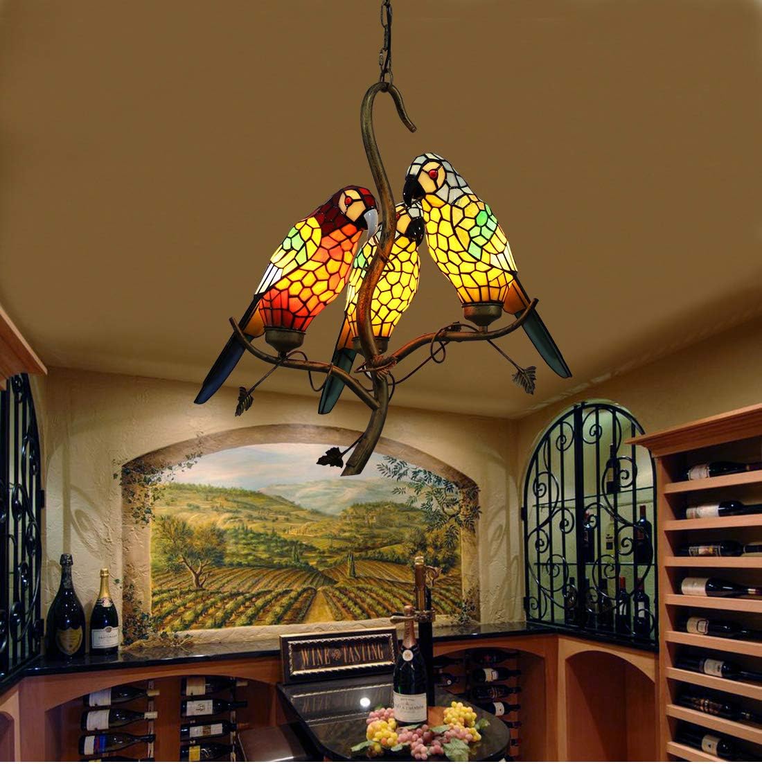 Discount 80% Makernier Tiffany Style Chandelier Ceiling Light Fixture Hanging Pendant Light Stained Glass Vintage Antique Style 5-Light Parrots Tree Branch for Living Room Bedroom Cafe Bar Studio Home Decor