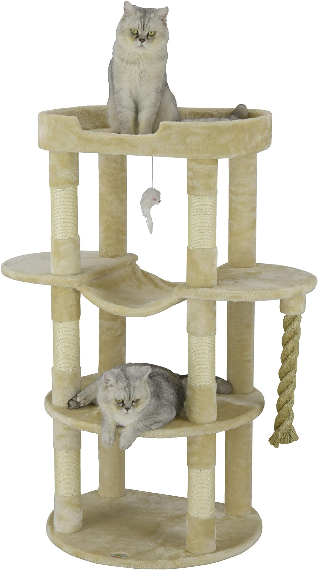 Go Pet Club 46" Jungle Rope Rounded Base Cat Tree Kitty Condo Tower House Furniture with Hammock and Large Top Platform for Indoor Cats, Beige