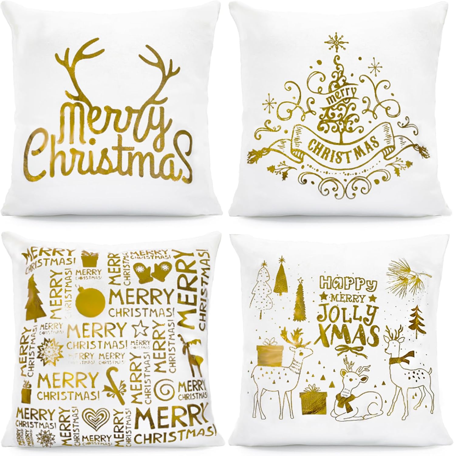 JOHOUSE Christmas Pillow Covers, 4 Pack of Golden Snowflakes Christmas Happy Decorative Sofa Pillowcase, 18 x 18 inches, Super-Soft Short Plush Fabric