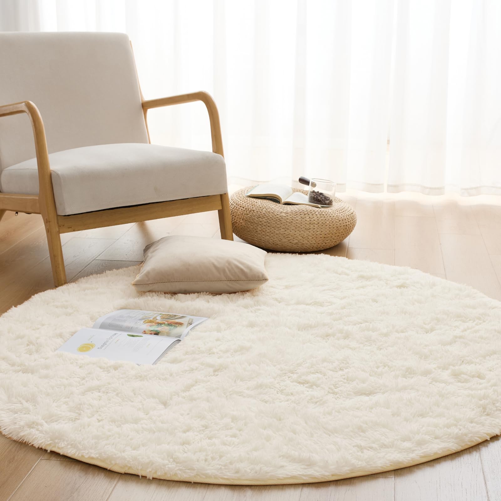 Housecover ラグ カーペット シャギーラグ ラグマット 円形 絨毯 直径120cm 滑り止め付 洗える アイボリー | 防ダニ 抗菌 防臭 オールシーズン快適に使用 床暖房 ホットカーペット対応 ふわふわ肌触り
